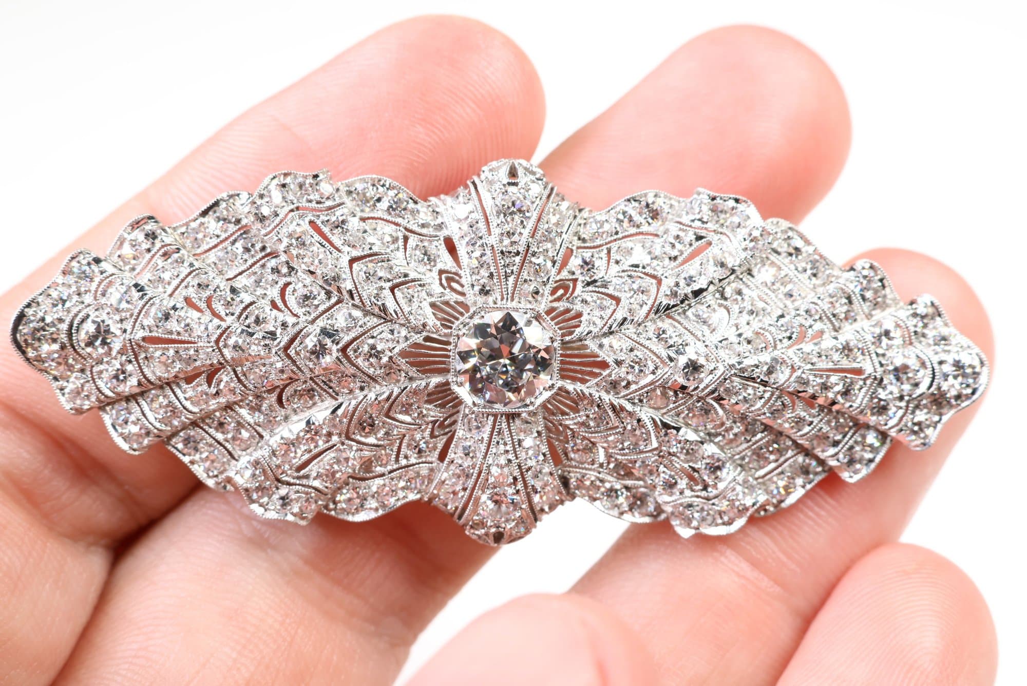 Platinum, Old Euro Cut Diamond Brooch Pin 4.50ctw, Gemstone Jewelry Diamonds jewelry auction at Alighieri's