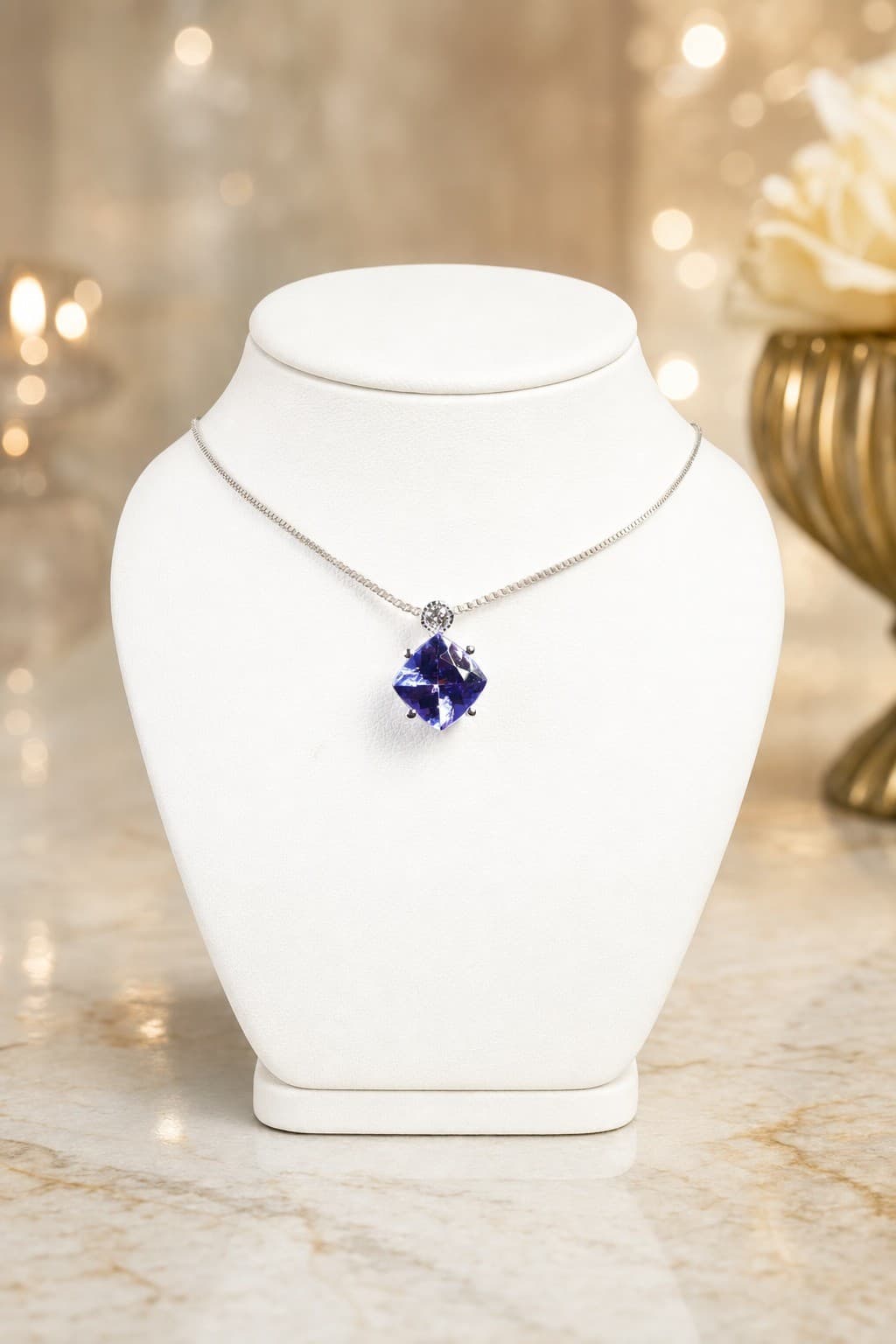 18k White Gold, Natural Tanzanite & Diamond Pendant 1.48ctw, Gemstone Jewelry Diamonds jewelry auction at Alighieri's