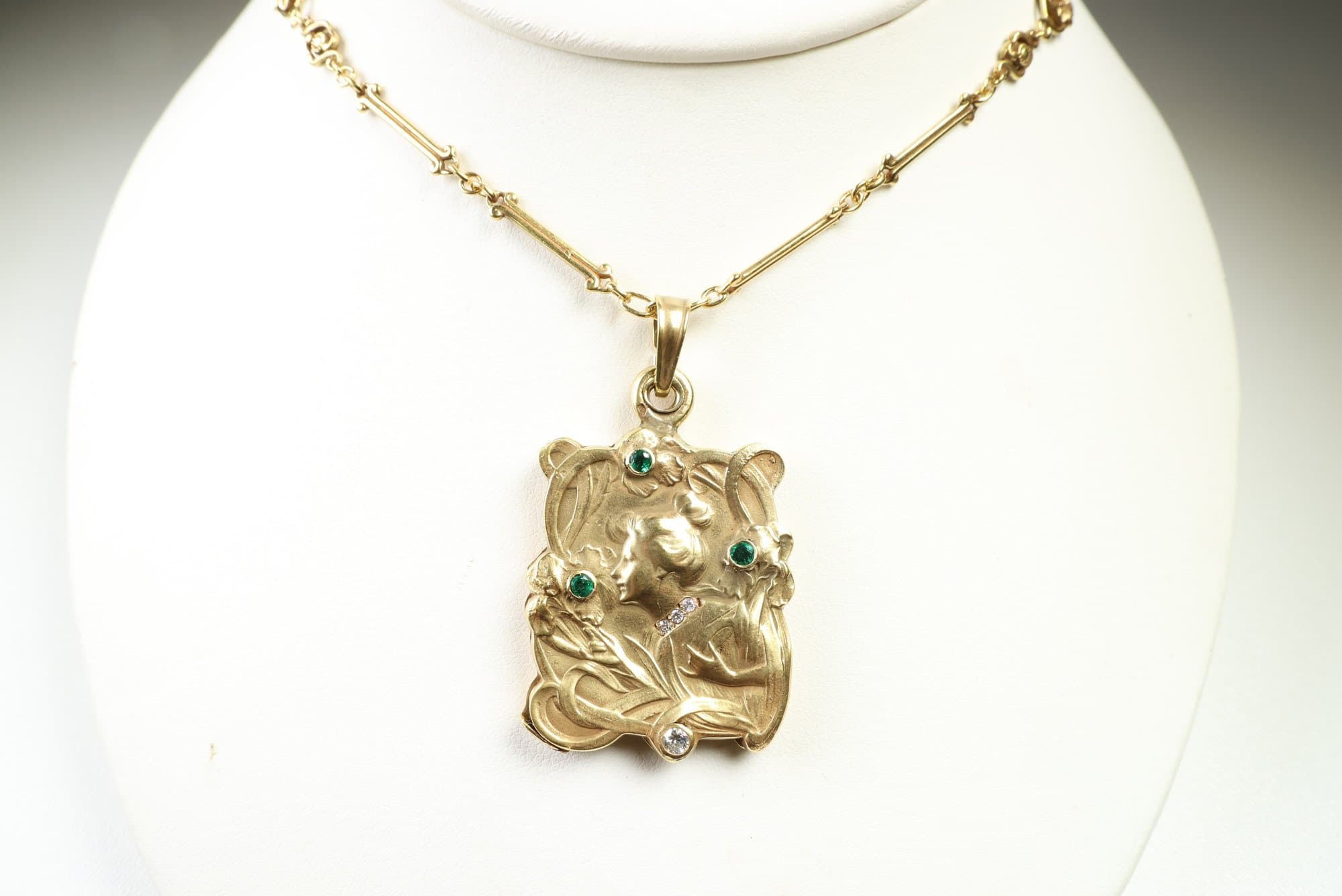 14k Yellow Gold, Art Nouveau Emerald & Diamond Necklace Pendant, 37.90 Grams Jewelry Gemstone Diamonds jewelry auction at Alighieri's
