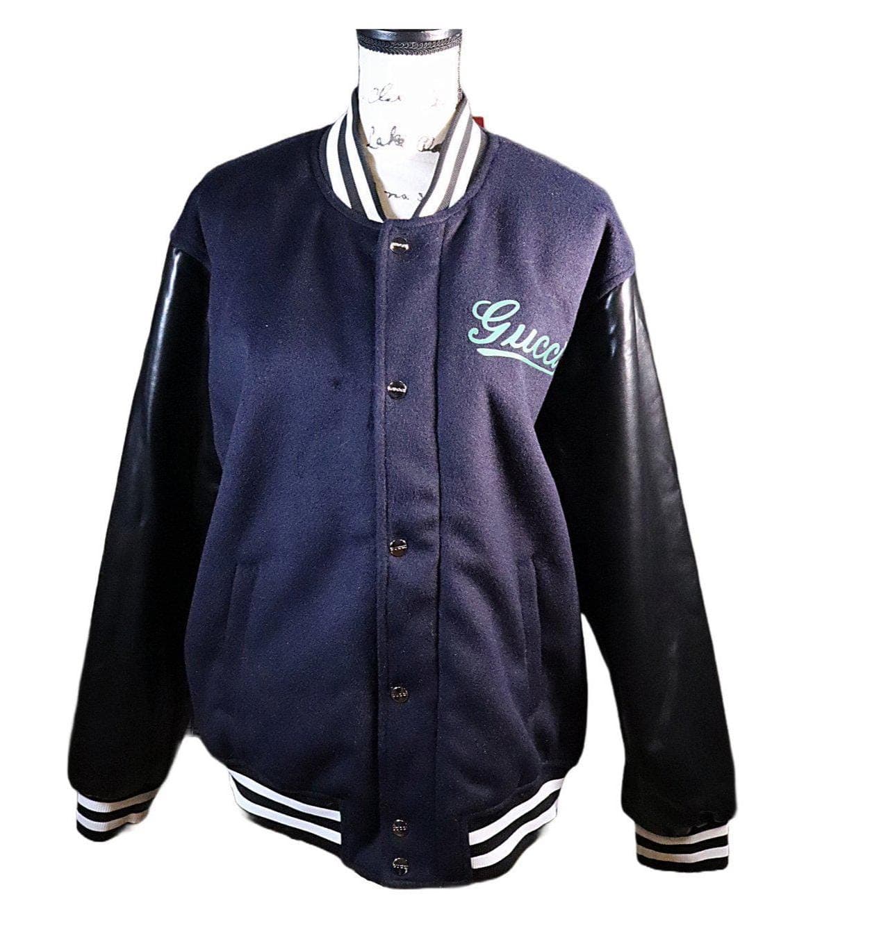 Gucci Unisex Wool And Leather Bomber Varsity Logo Detailed Jacket Knitted Collar Coat Size 48 - Pre-owned fashion auction at Alighieri's