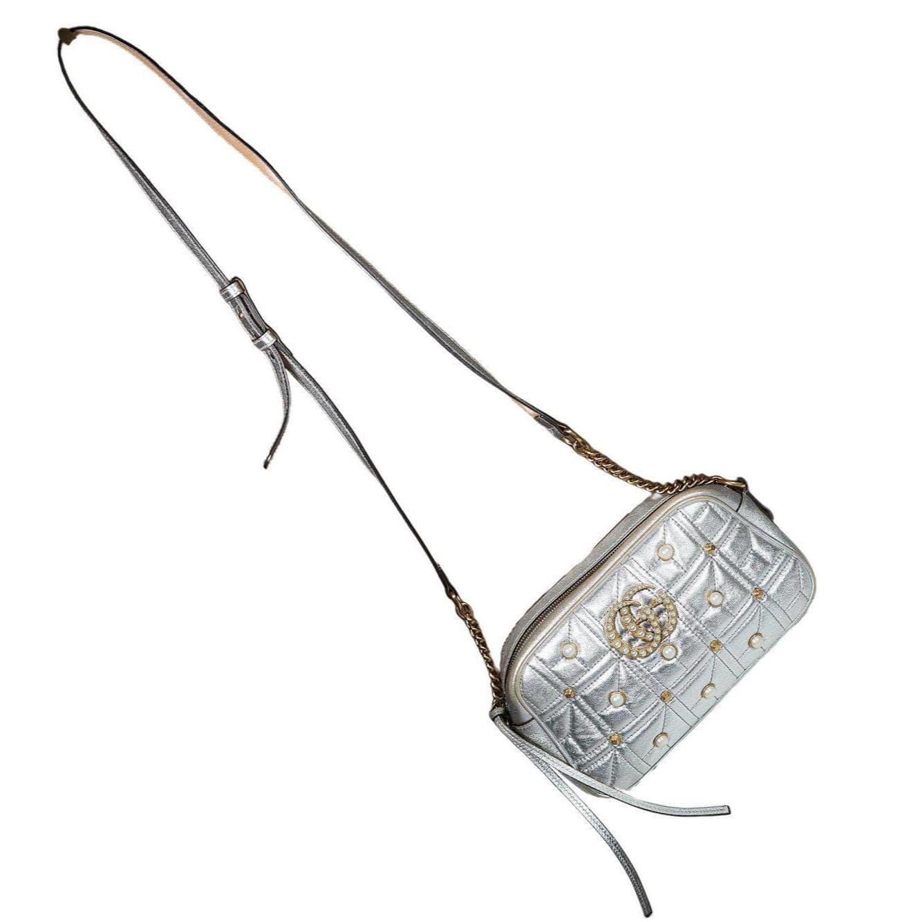 Gucci GG Marmont Studded Silver Leather Crossbody Bag Gold Tone Hardware Vintage Women's Handbag Purse - Pre-owned handbags auction at Alighieri's