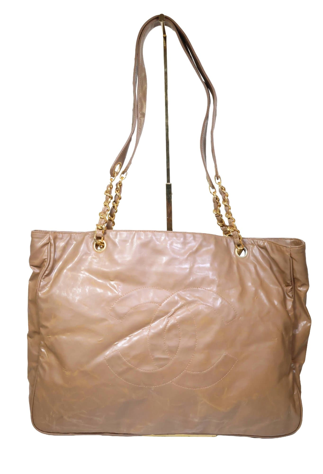 CHANEL Chain Tote Bag Patent Leather Gold Brown CC Purse Handbag handbags auction at Alighieri's