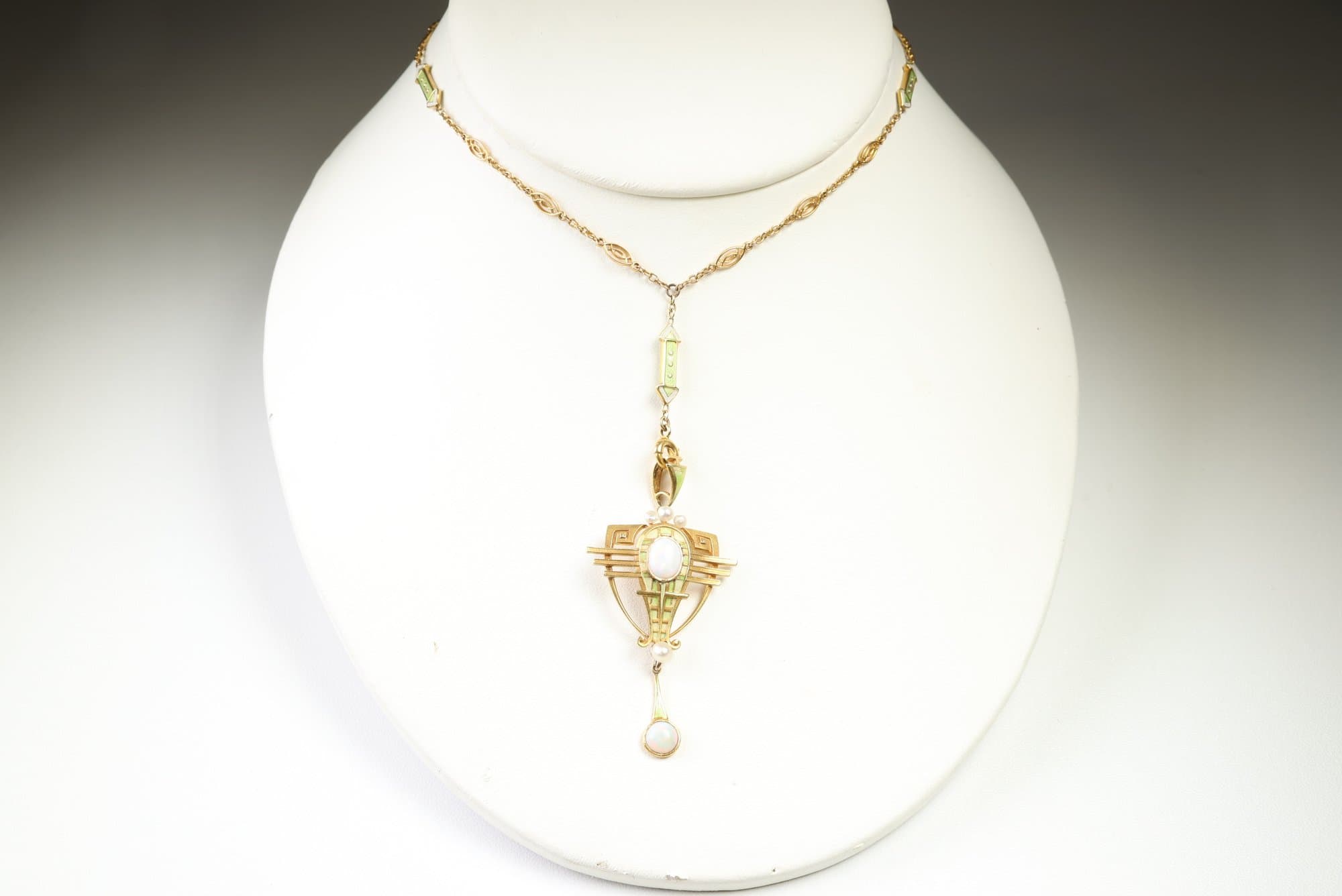 14k Yellow Gold, Opal And Pearl Enamel Necklace Antique, 10.70 Grams Jewelry Gemstone jewelry auction at Alighieri's