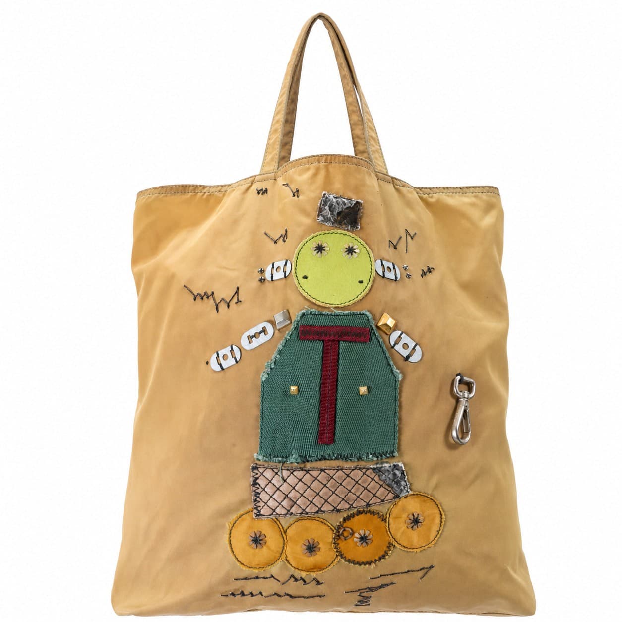 Prada Robot Appliqué Tessuto Nylon Tote Handbag Purse Bag Beige