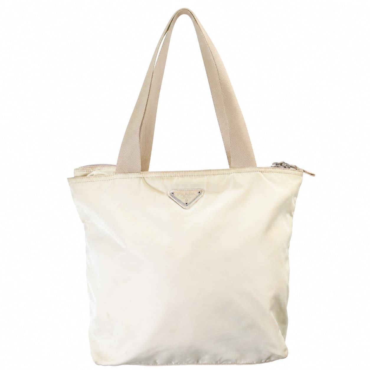 Prada Tessuto Nylon Tote Bag Shoulder Bag Handbag Cream Beige Triangle Logo