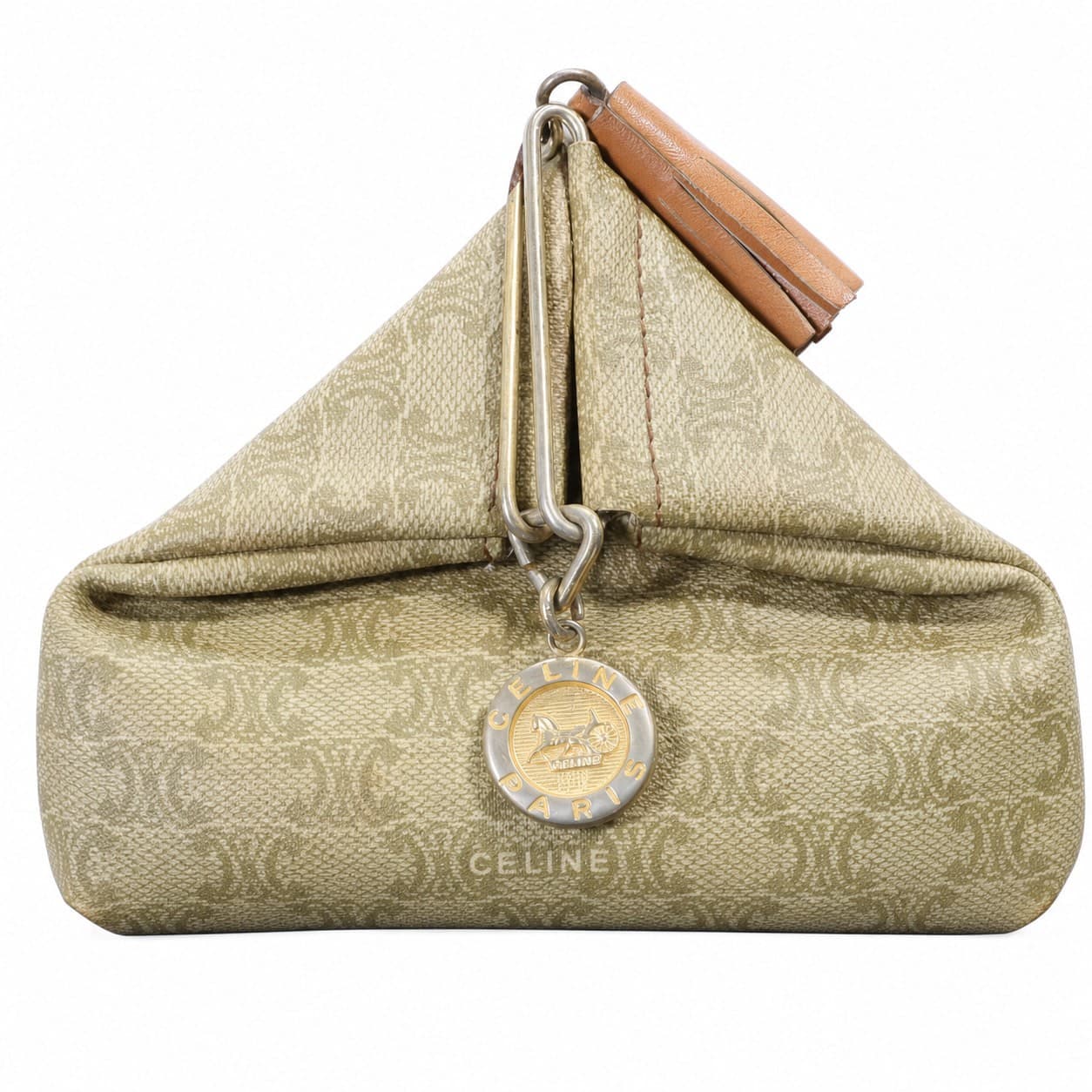 Céline Macadam Canvas Triangular Frame Clutch Pouch Handbag Purse Beige