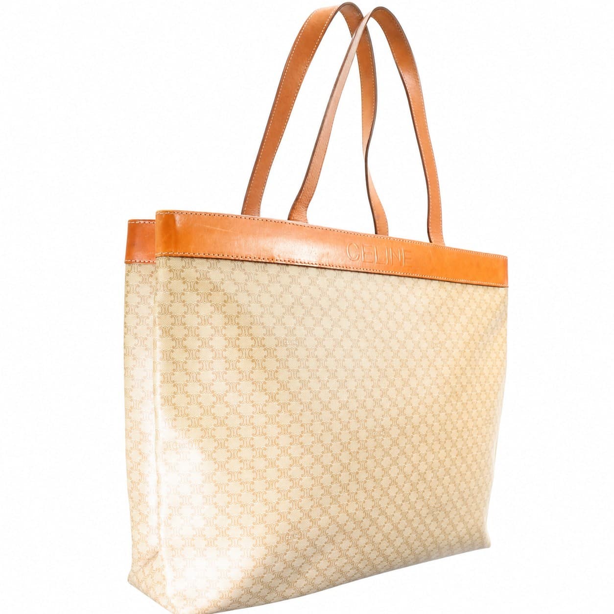 Celine Macadam Monogram Canvas Leather Tote Bag Handbag Purse Beige Tan