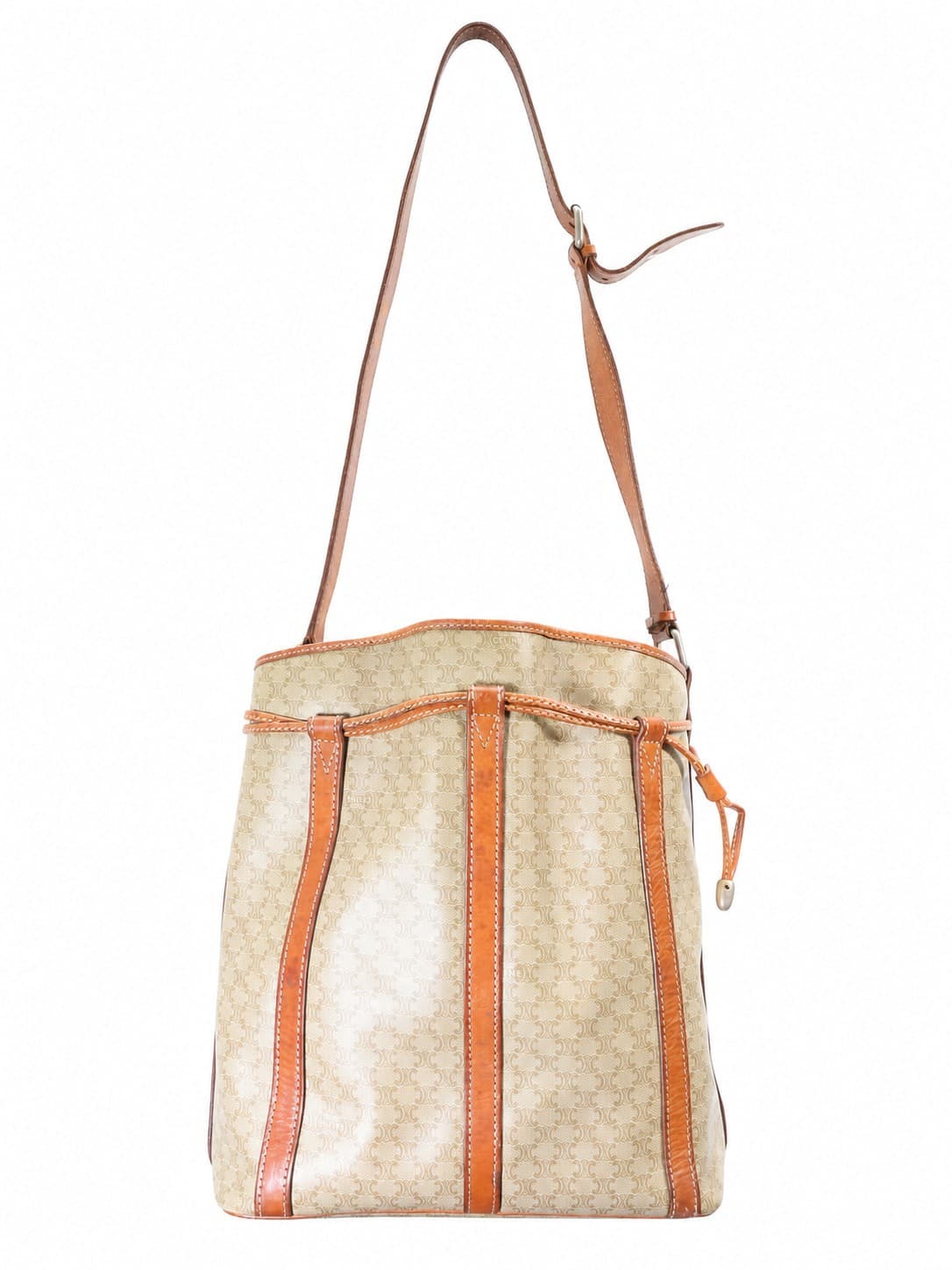 Celine Macadam Canvas Leather Bucket Bag Shoulder Bag Drawstring Beige Brown