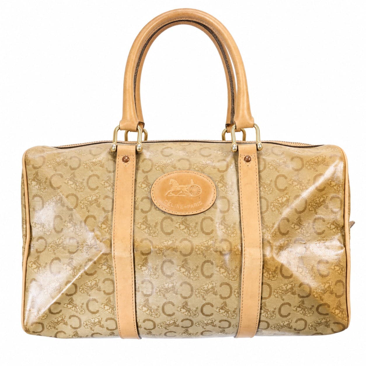Celine Diffusion Macadam Monogram Canvas Barrel Bag Handbag Purse Beige