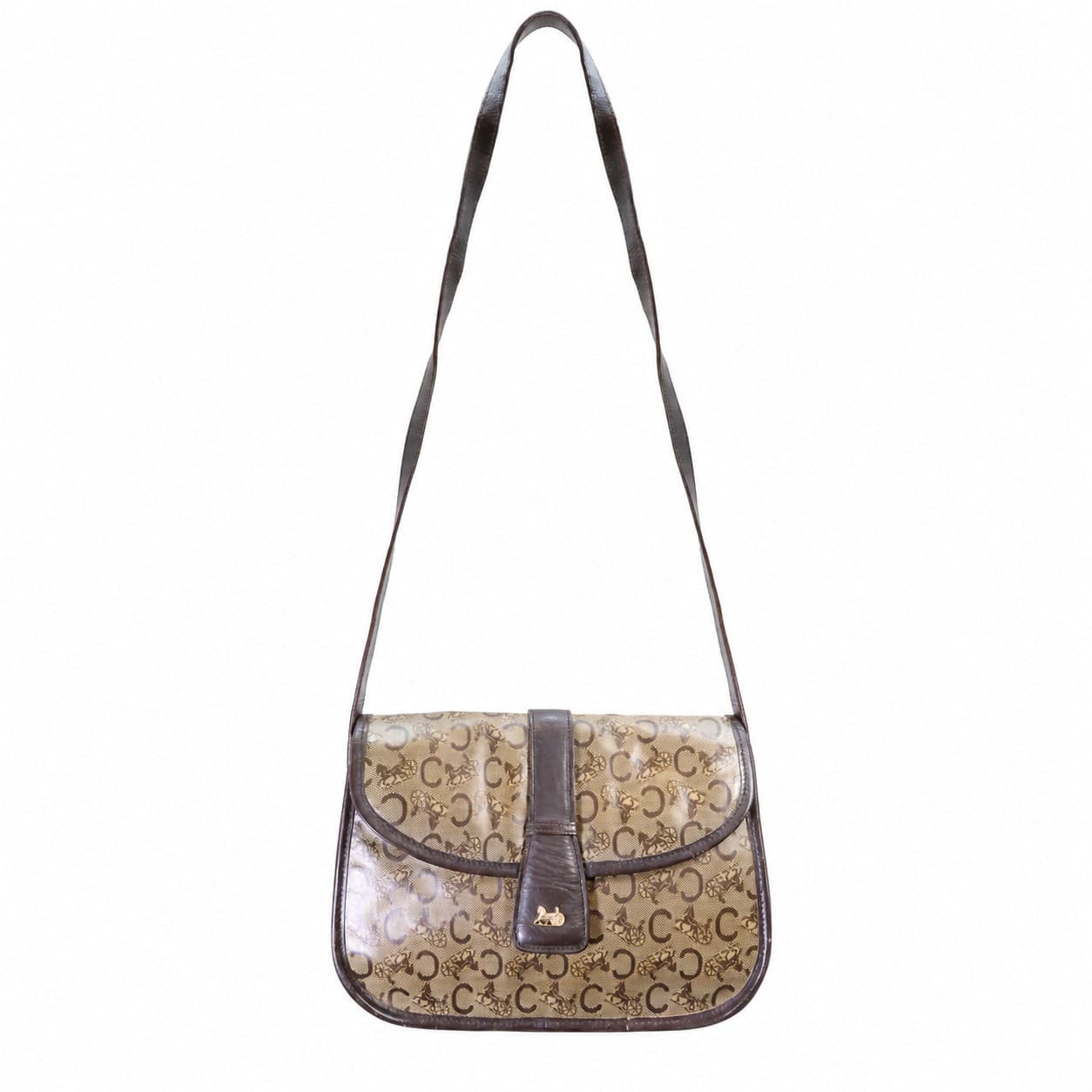 Celine Macadam Canvas Leather Crossbody Shoulder Bag Handbag Purse Brown Beige