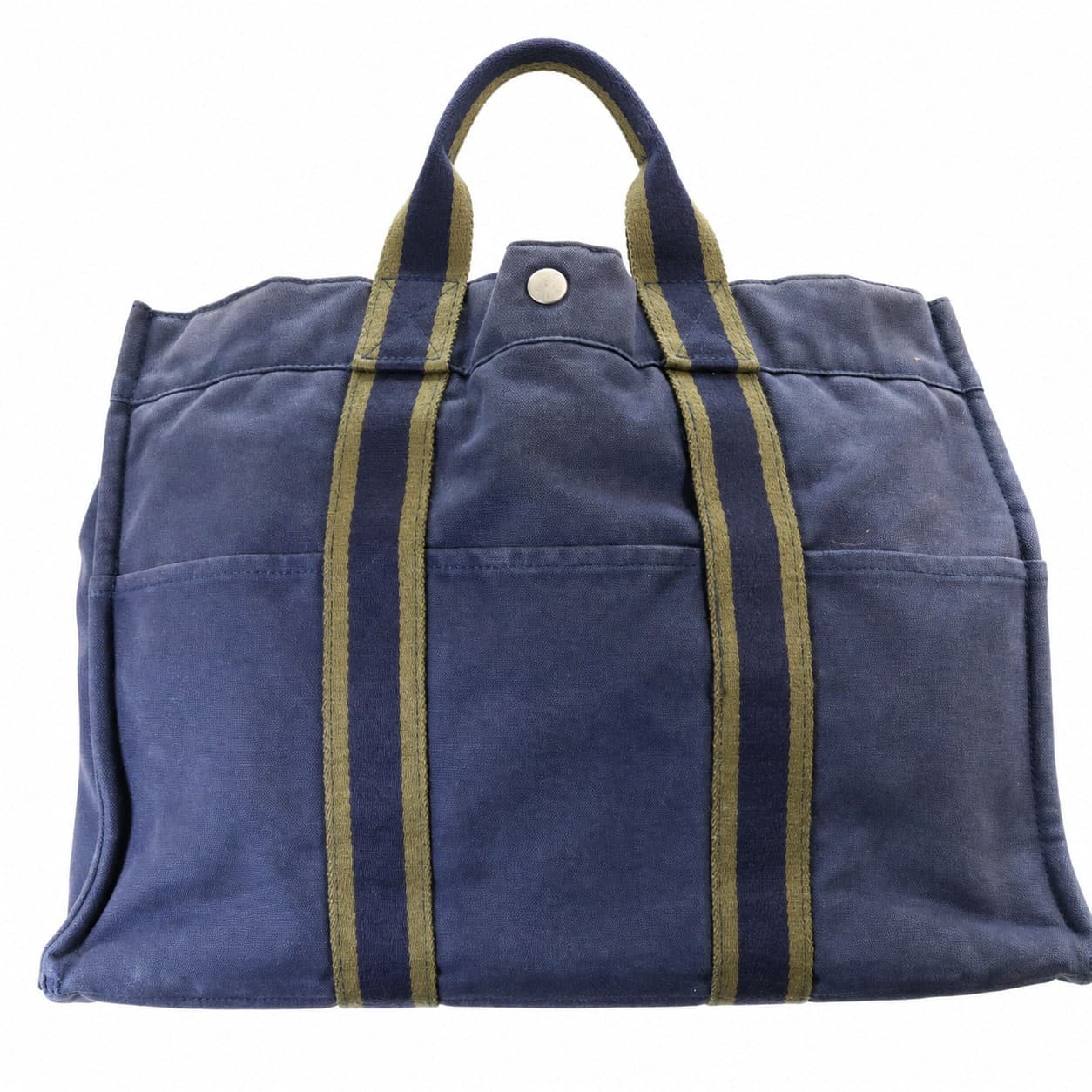 Hermès Fourre Tout Canvas Tote Handbag Bag Navy Blue Tan Striped Top Handle