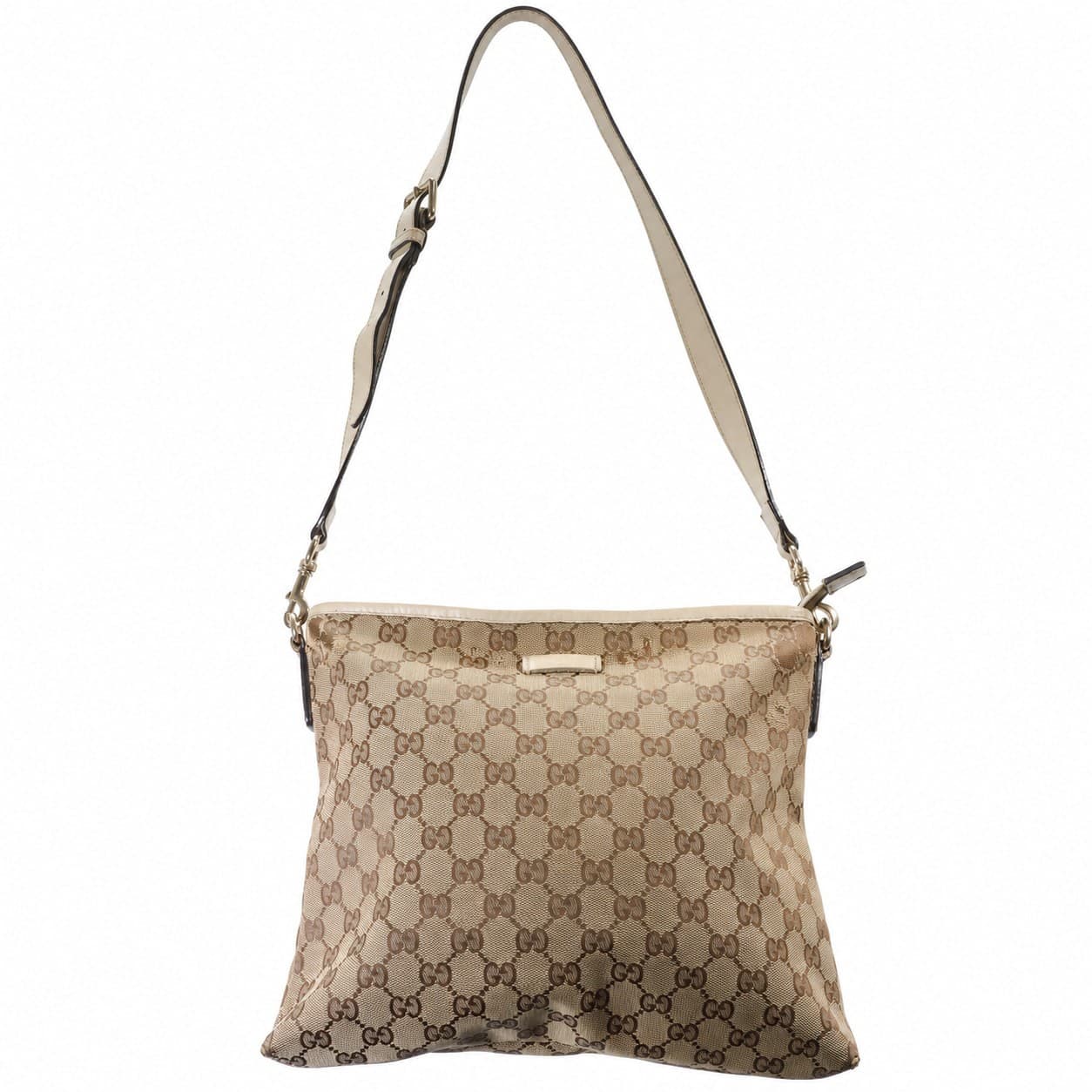 Gucci GG Canvas Crossbody Messenger Bag Handbag Purse Beige Ivory Leather