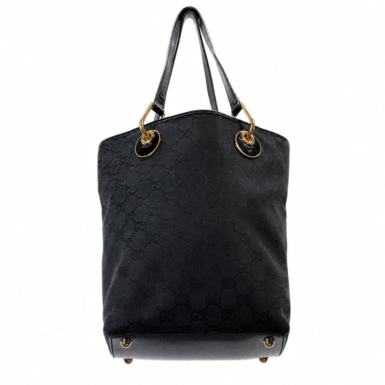 Gucci GG Canvas Tote Shoulder Bag Handbag Purse Black Patent Leather