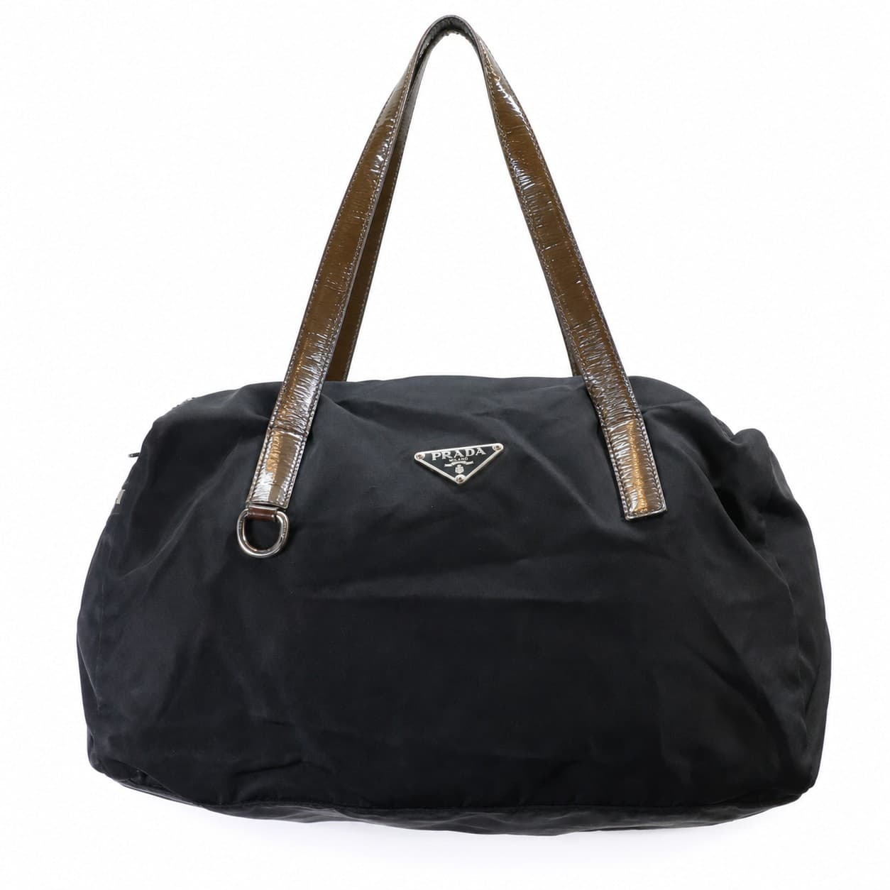 Prada Black Nylon Tessuto Shoulder Bag Handbag Purse Bronze Leather Handles