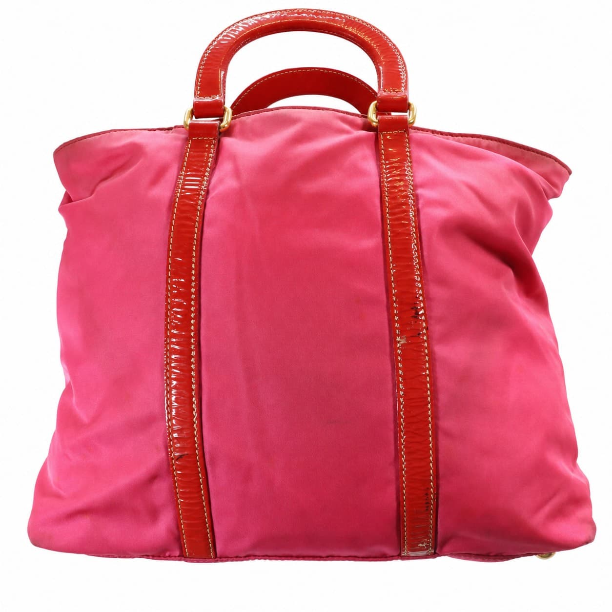 Prada Tessuto Nylon Patent Leather Pink Red Tote Handbag Shoulder Bag Purse