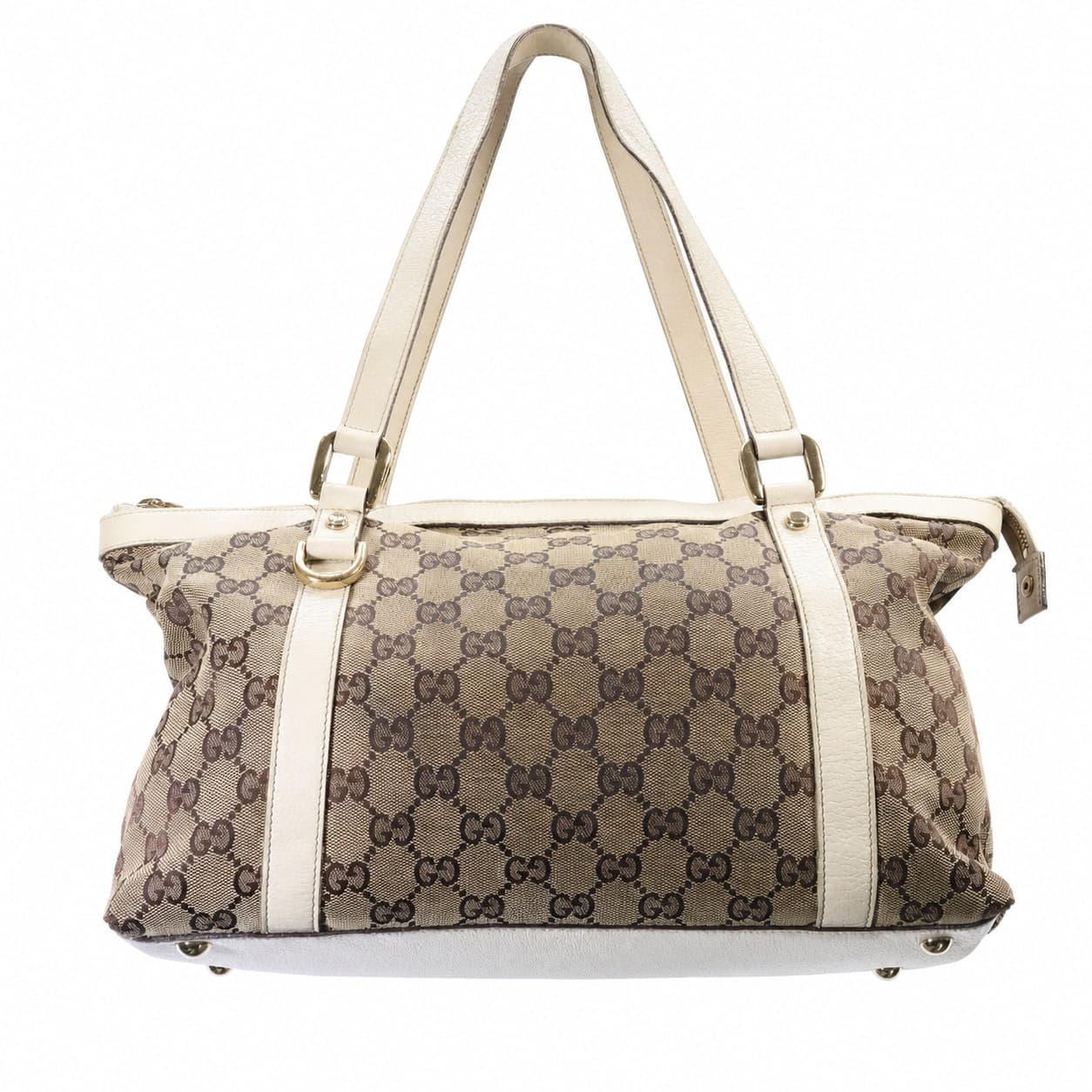 Gucci GG Canvas Abbey Tote Shoulder Bag Handbag Purse White Leather Trim