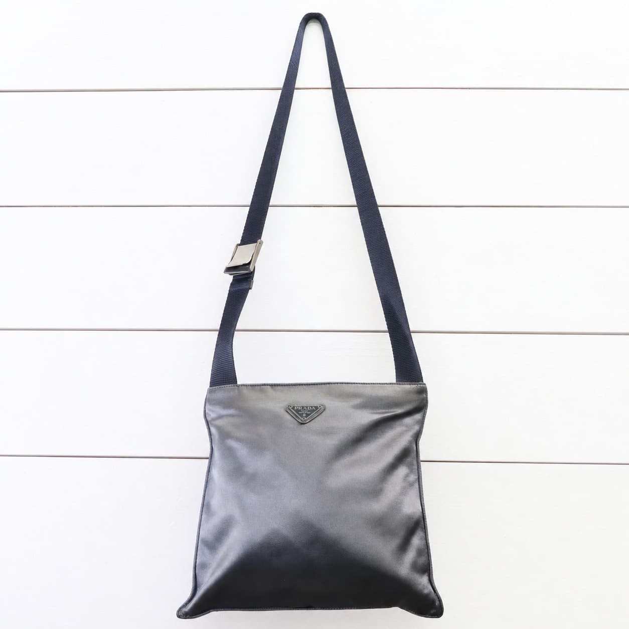Prada Silk Crossbody Messenger Bag Handbag Purse Blue Silver Hardware
