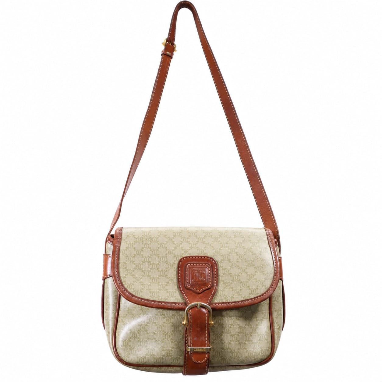 Celine Macadam Triomphe Canvas Leather Crossbody Shoulder Bag Beige Brown