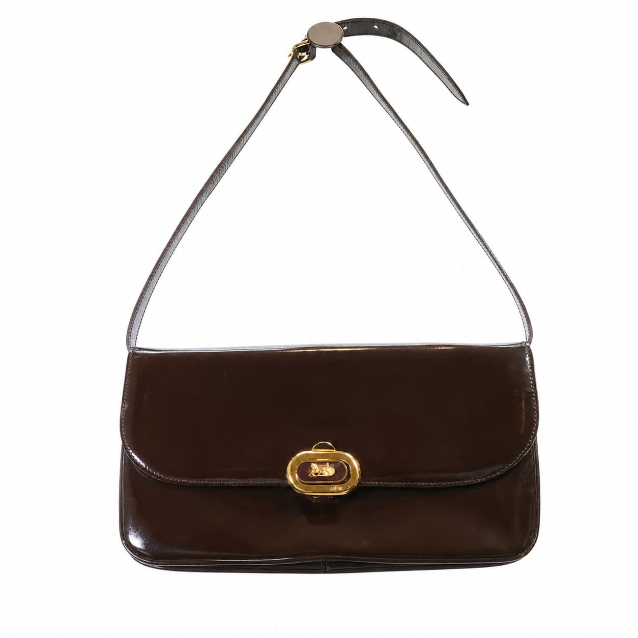 Céline Patent Leather Carriage Logo Shoulder Bag Handbag Purse Brown handbags auction at Alighieri's