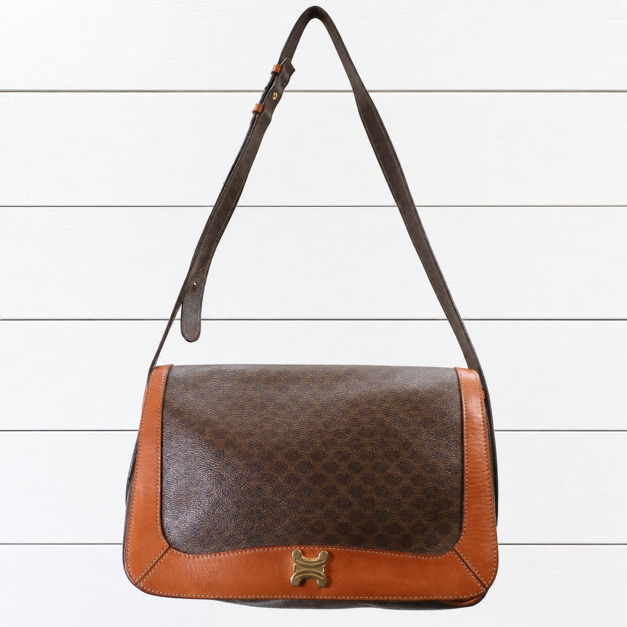 Céline Macadam Carriage Logo Shoulder Bag Purse Handbag Brown Leather Canvas handbags auction at Alighieri's