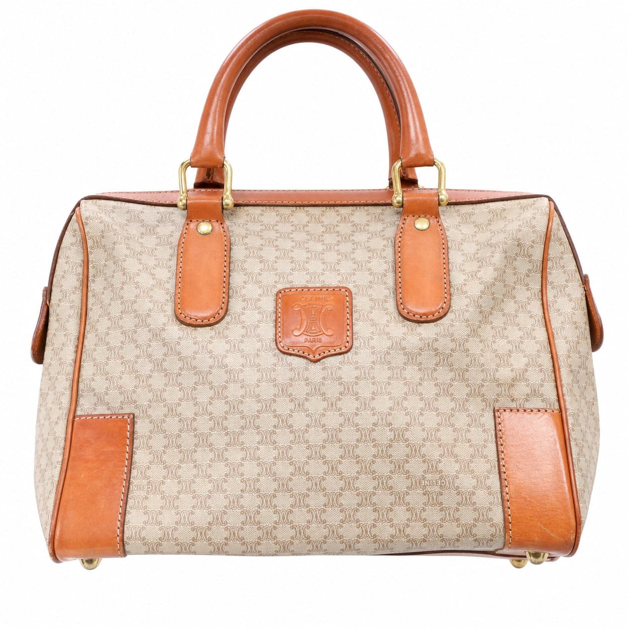 Celine Macadam Canvas Tan Leather Satchel Handbag Purse Bag Top Handle handbags auction at Alighieri's