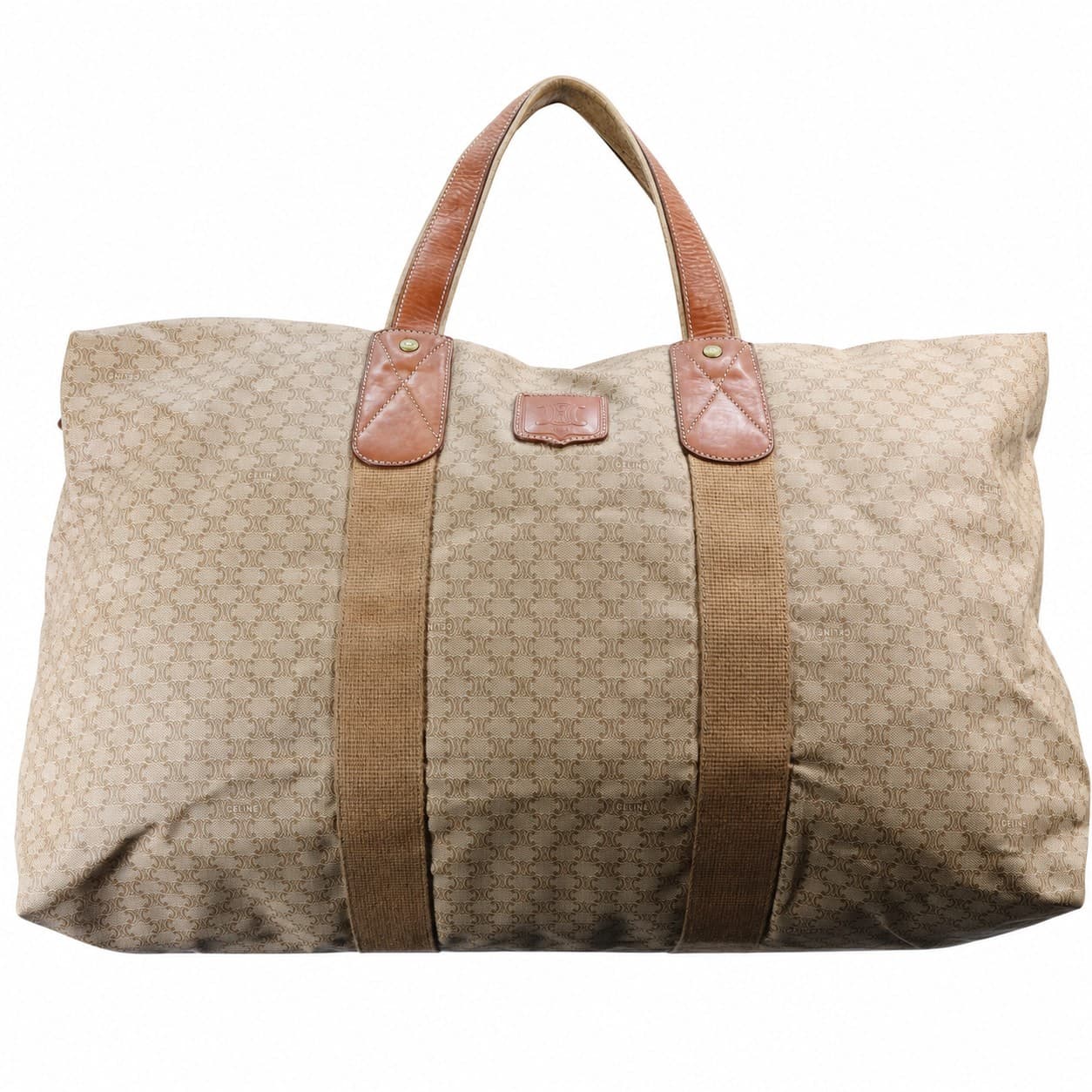 Celine Macadam Monogram Canvas Leather Duffle Travel Bag Weekender Brown Beige handbags auction at Alighieri's