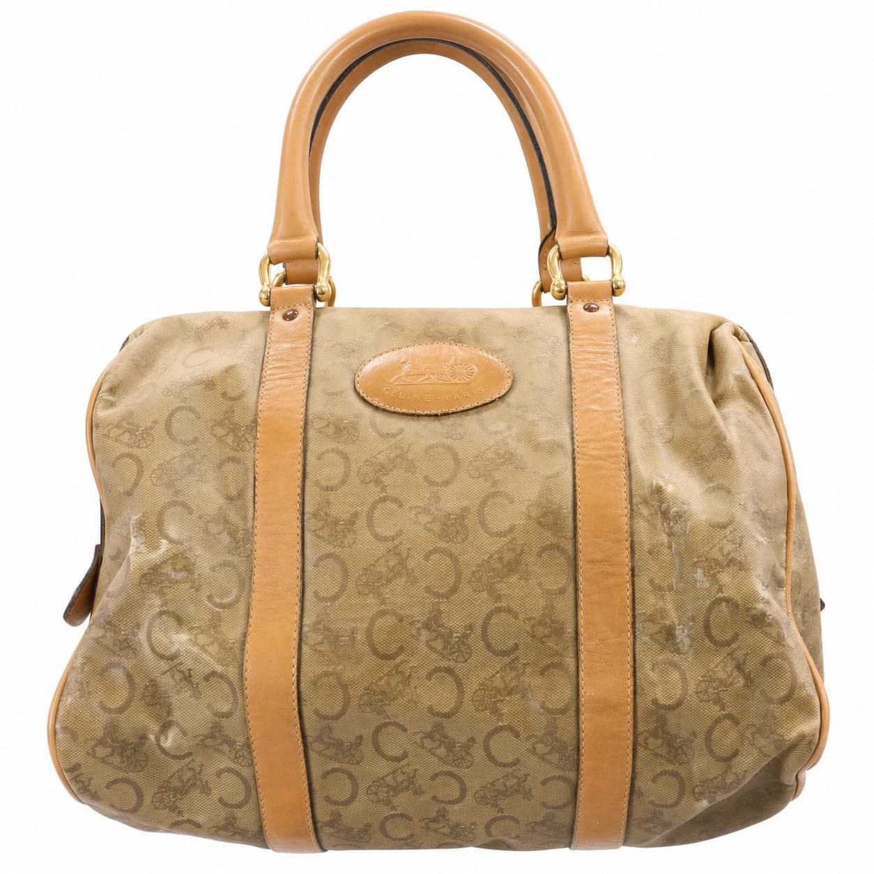 Céline Macadam Canvas Leather Boston Bowler Bag Handbag Purse Brown Tan