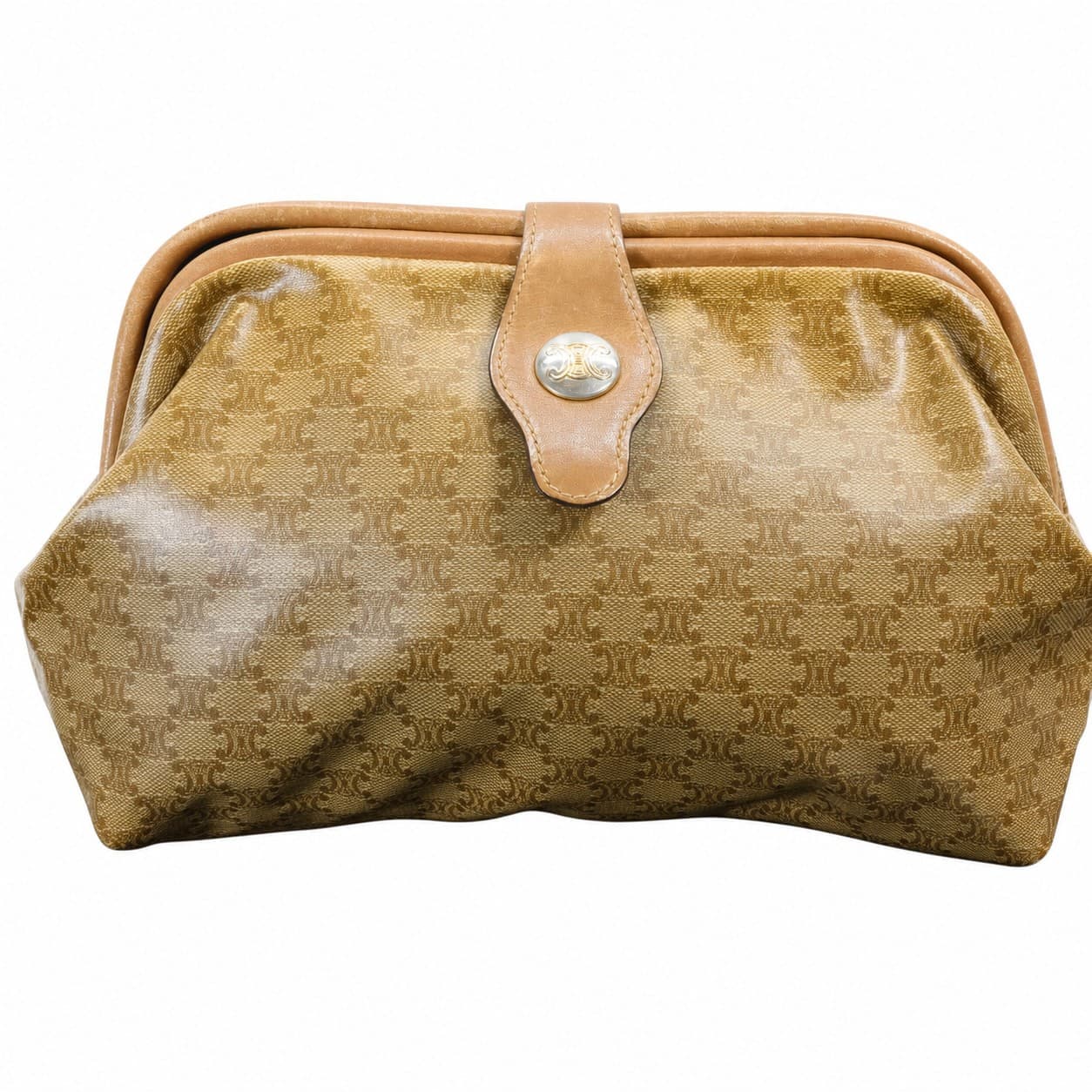 Celine Macadam Coated Canvas Leather Clutch Handbag Purse Beige