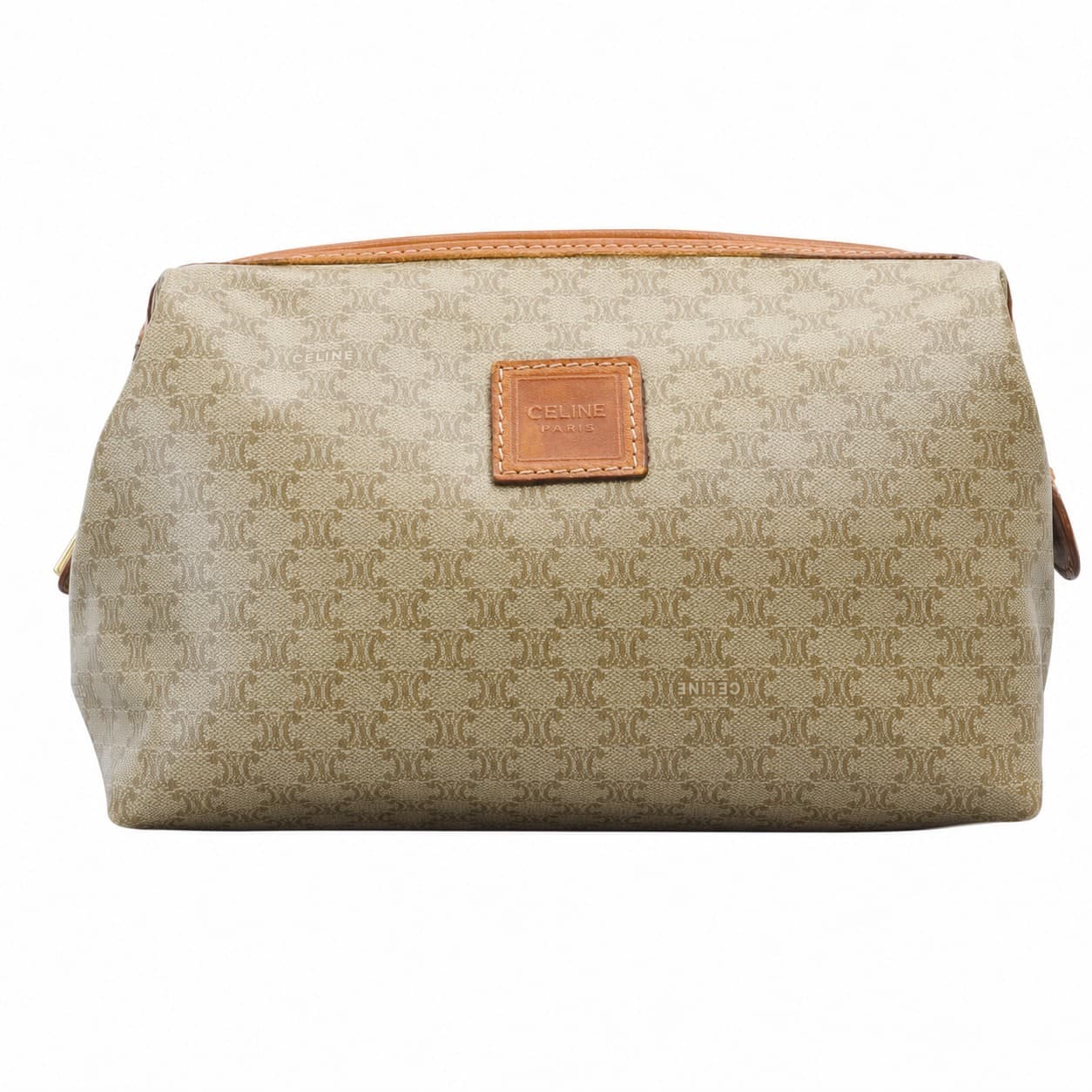 Céline Macadam Monogram Canvas Leather Cosmetic Pouch Makeup Bag Tan