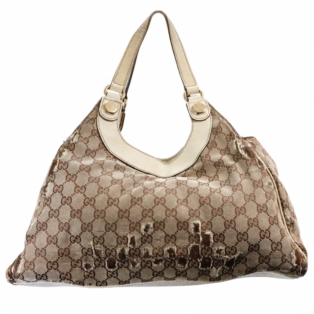 Gucci GG Canvas Ivory Leather Hobo Shoulder Bag Handbag Purse Beige