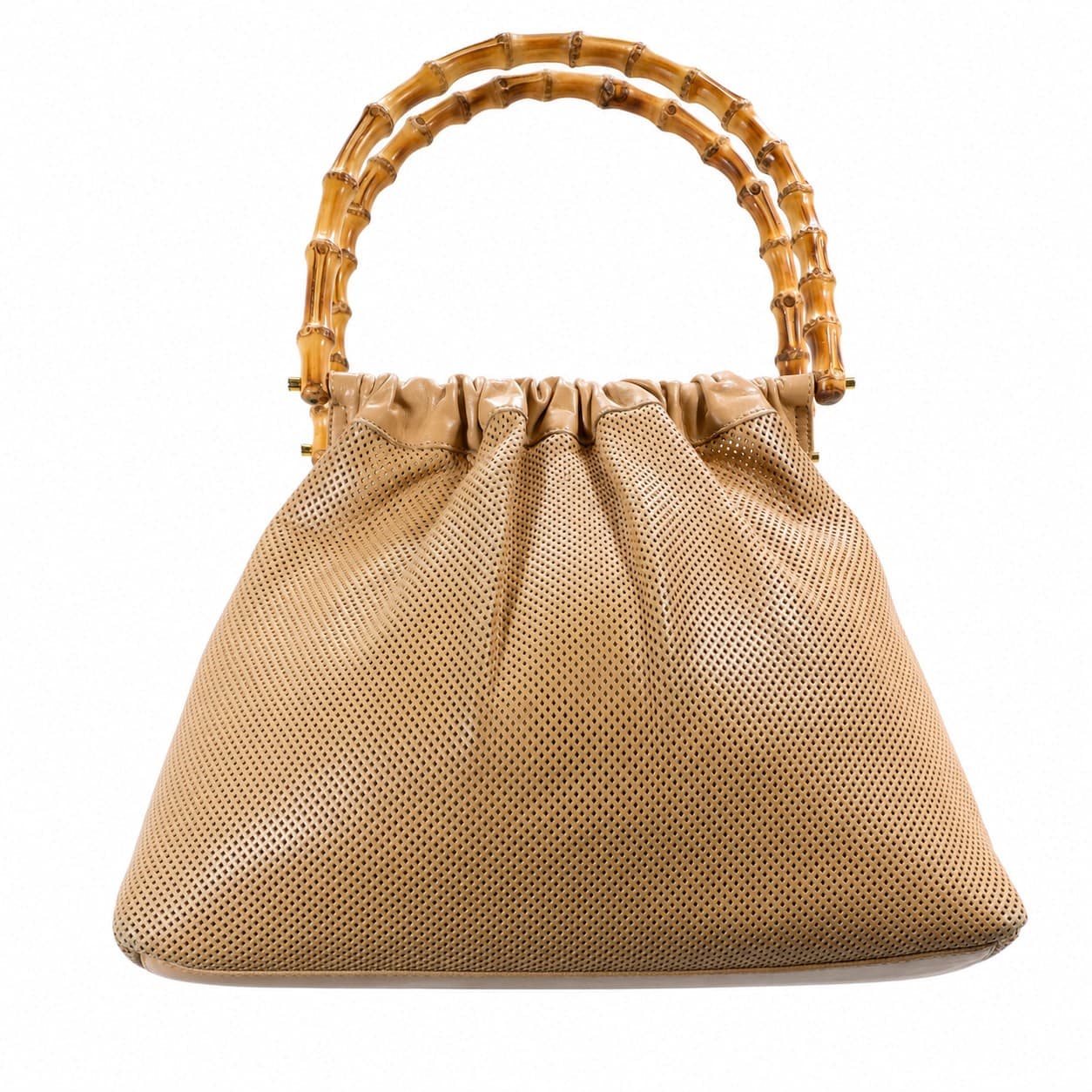 Gucci Bamboo Perforated Leather Beige Top Handle Bag Handbag Purse