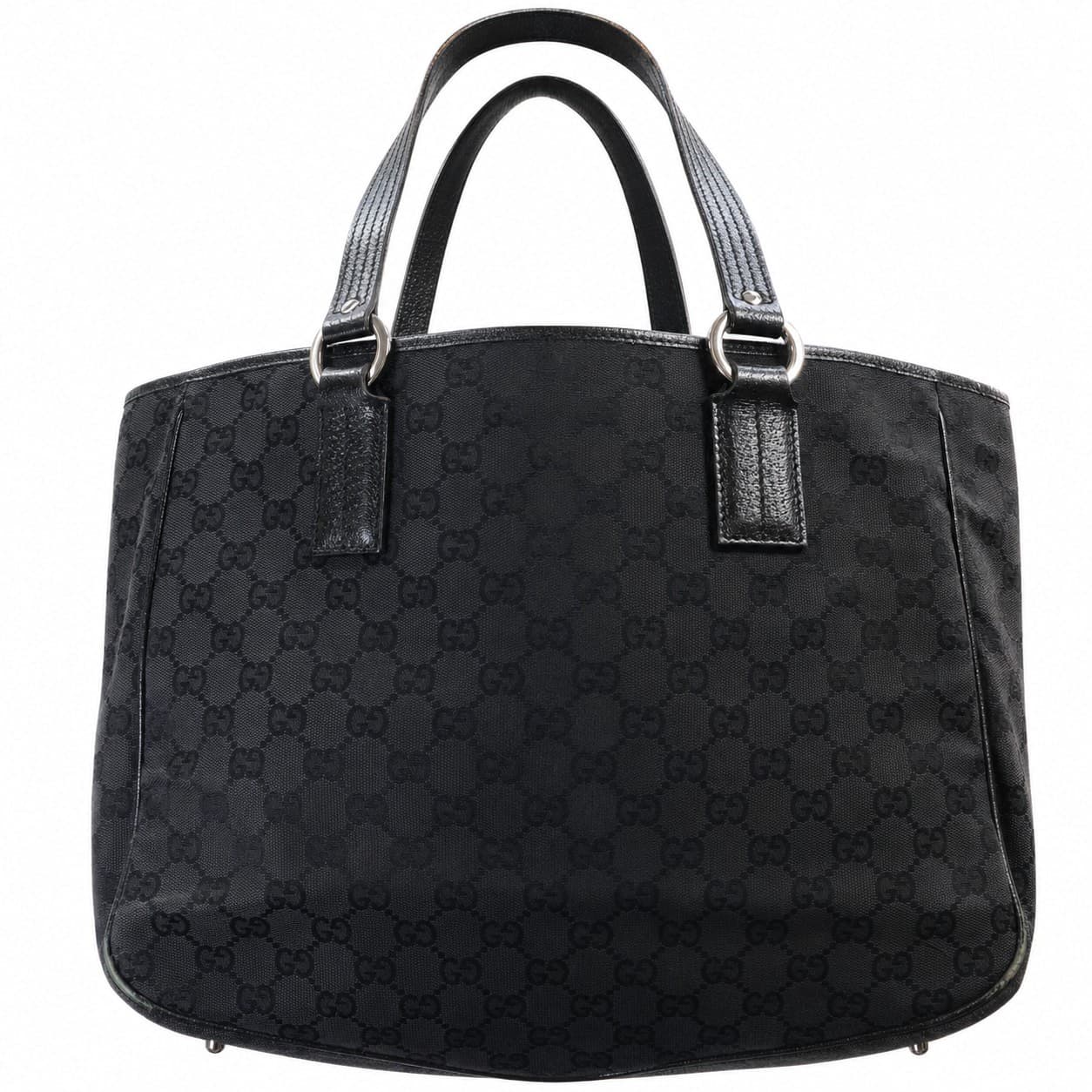 Gucci Black GG Canvas Leather Trim Tote Bag Handbag Purse Top Handle