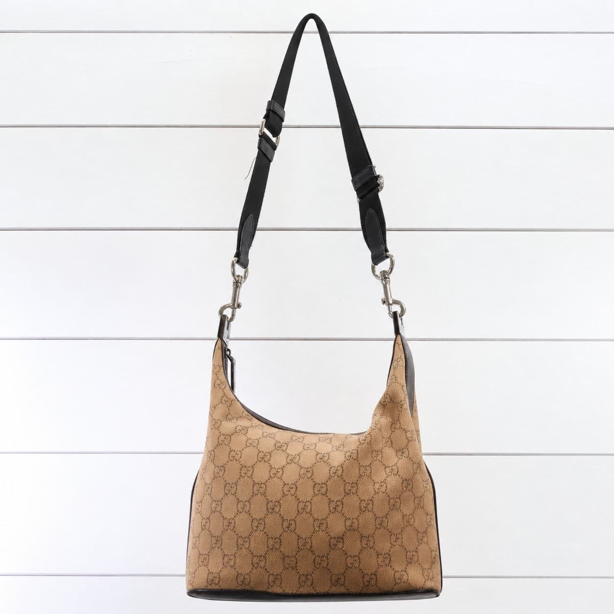 Gucci GG Canvas Hobo Shoulder Bag Handbag Purse Beige Brown Leather