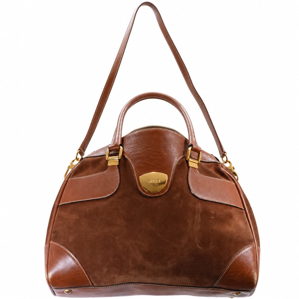 Gucci Brown Suede Leather Dome Satchel Handbag Purse Bag Top Handle Shoulder