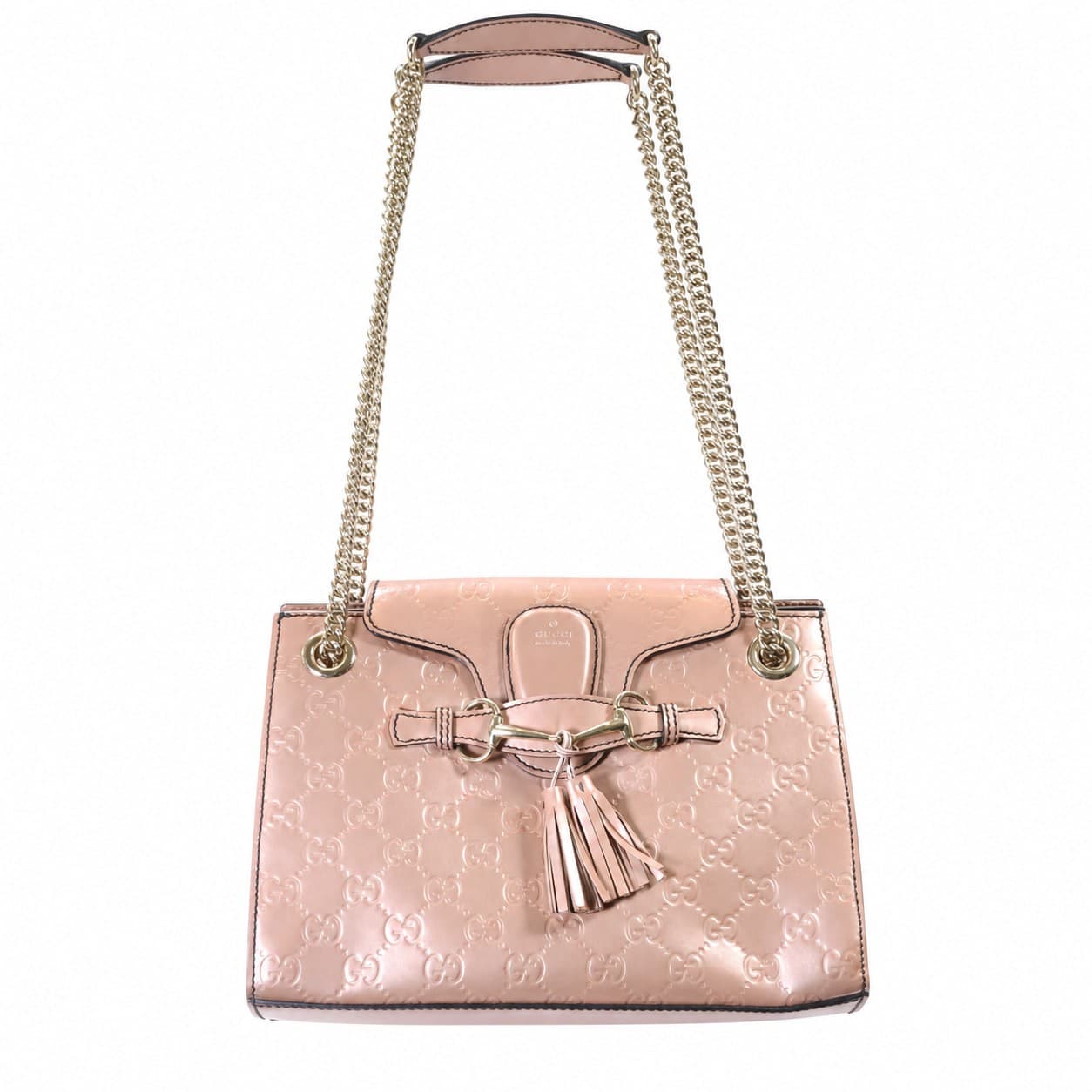 Gucci Emily Guccissima Patent Leather Shoulder Bag Handbag Purse Pink Chain handbags auction at Alighieri's