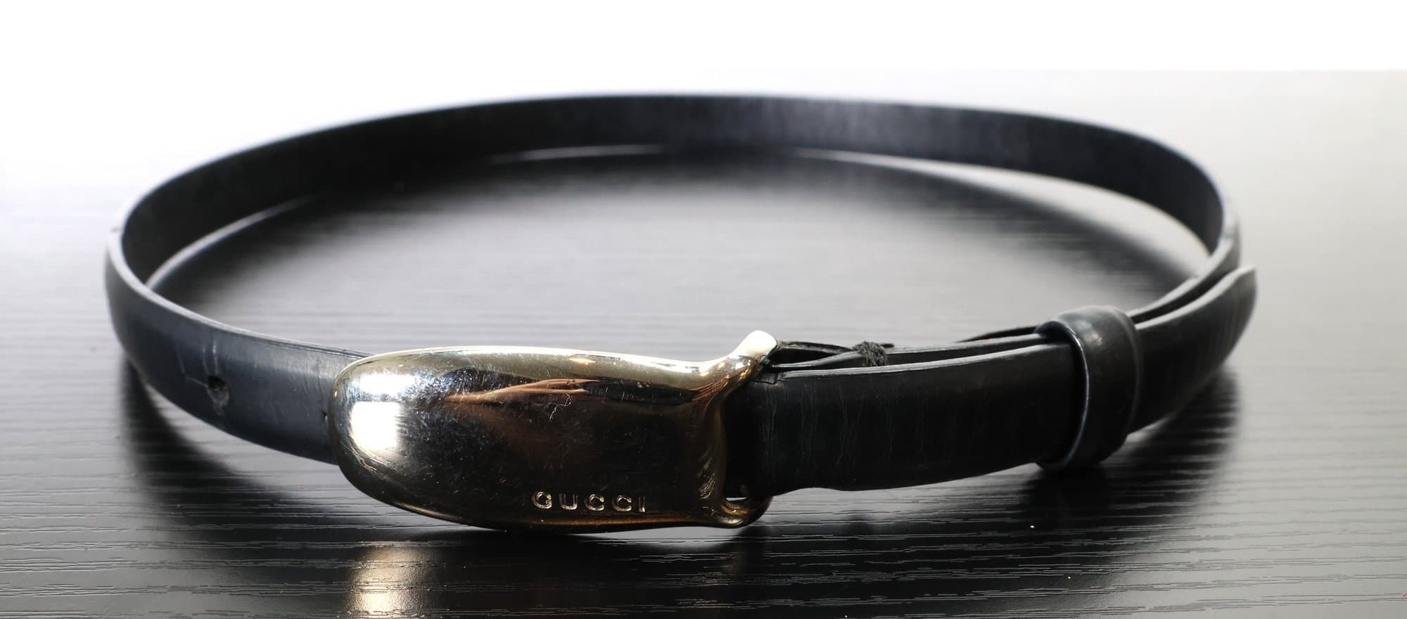 Gucci Skinny Black Leather Belt With Silver Hardware Made In Italy