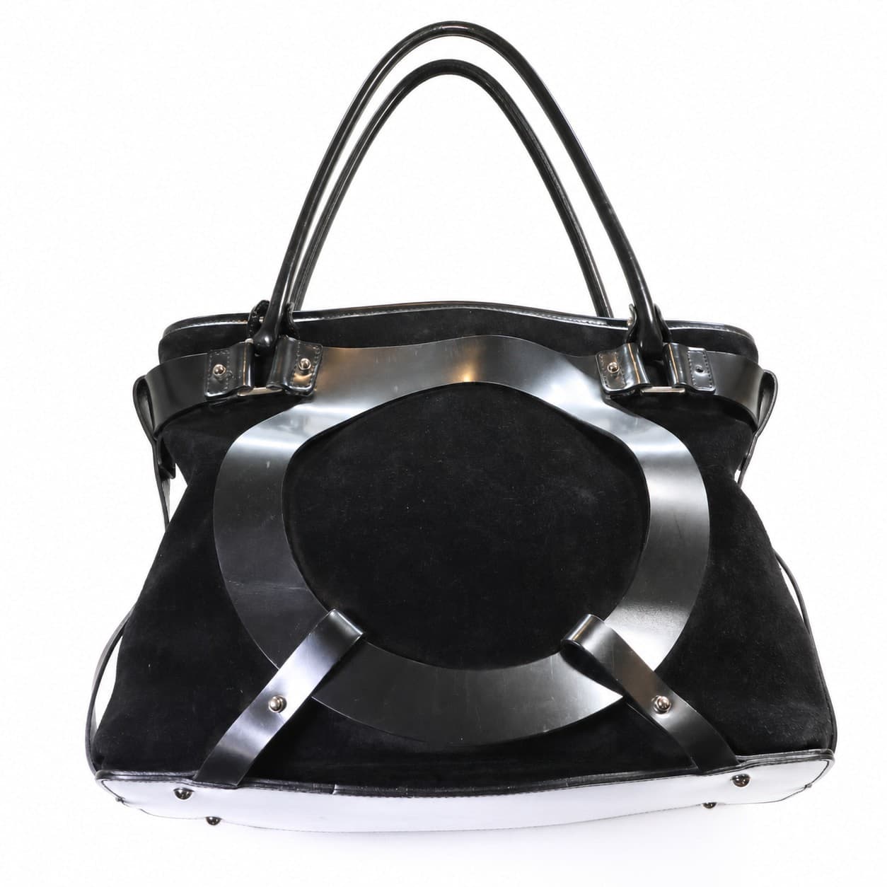 Salvatore Ferragamo Black Suede Leather Shoulder Bag Handbag Purse Silver Metal Hardware
