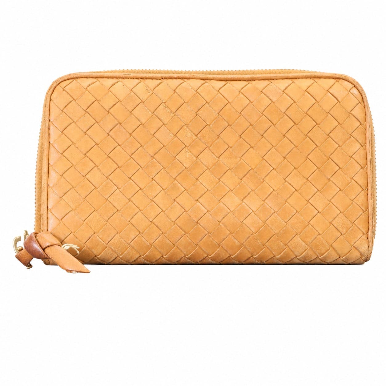 Bottega Veneta Intrecciato Woven Leather Zip Around Continental Wallet Tan