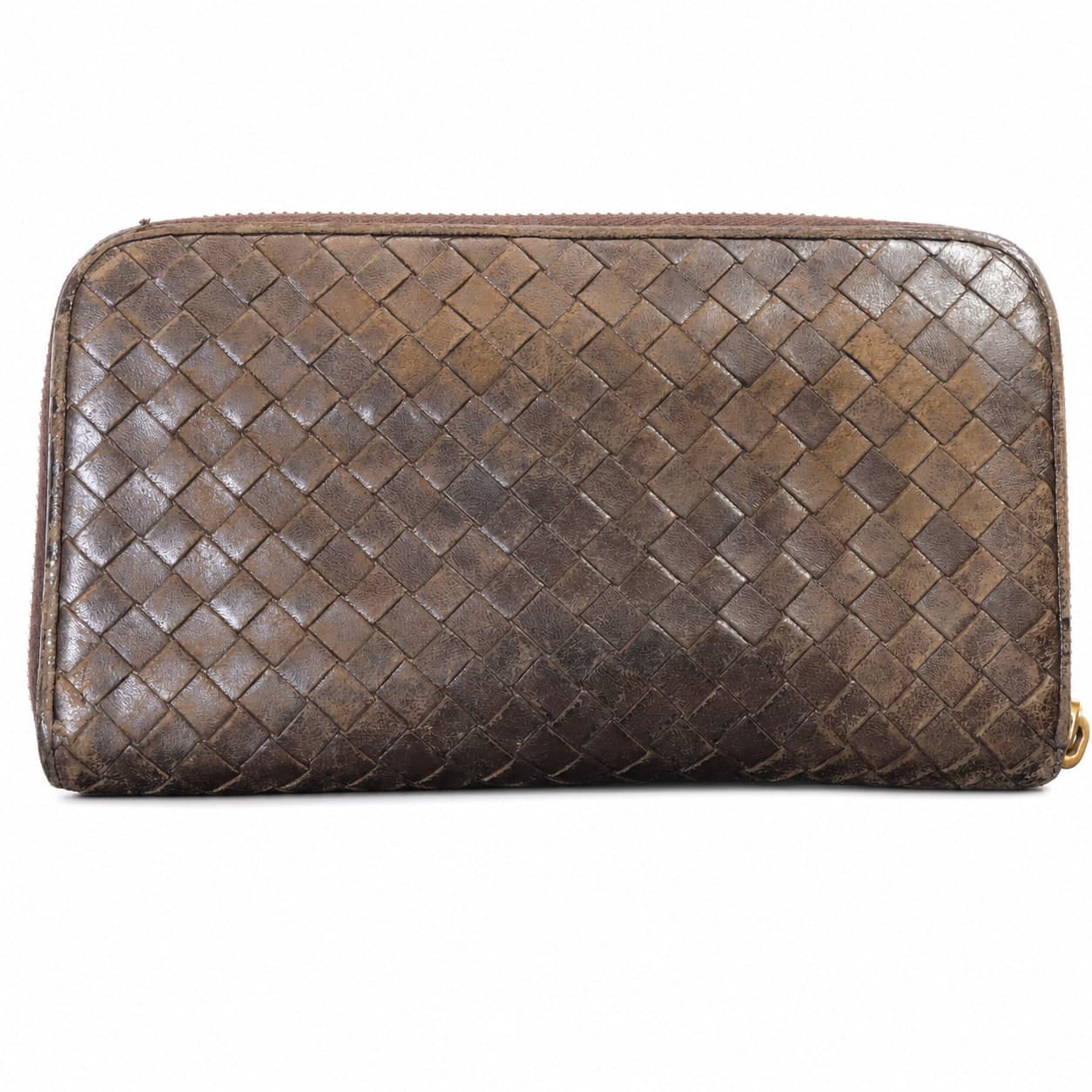 Bottega Veneta Intrecciato Brown Woven Leather Zip Around Wallet Purse