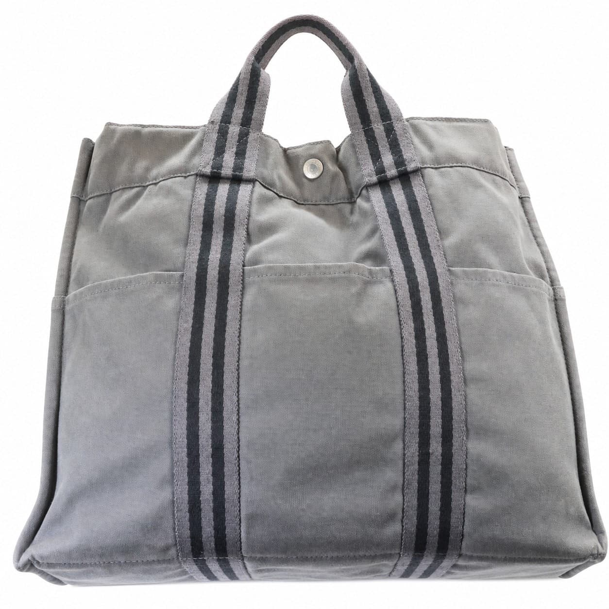 Hermès Fourre Tout MM Gray Canvas Black Stripe Tote Handbag Purse Bag