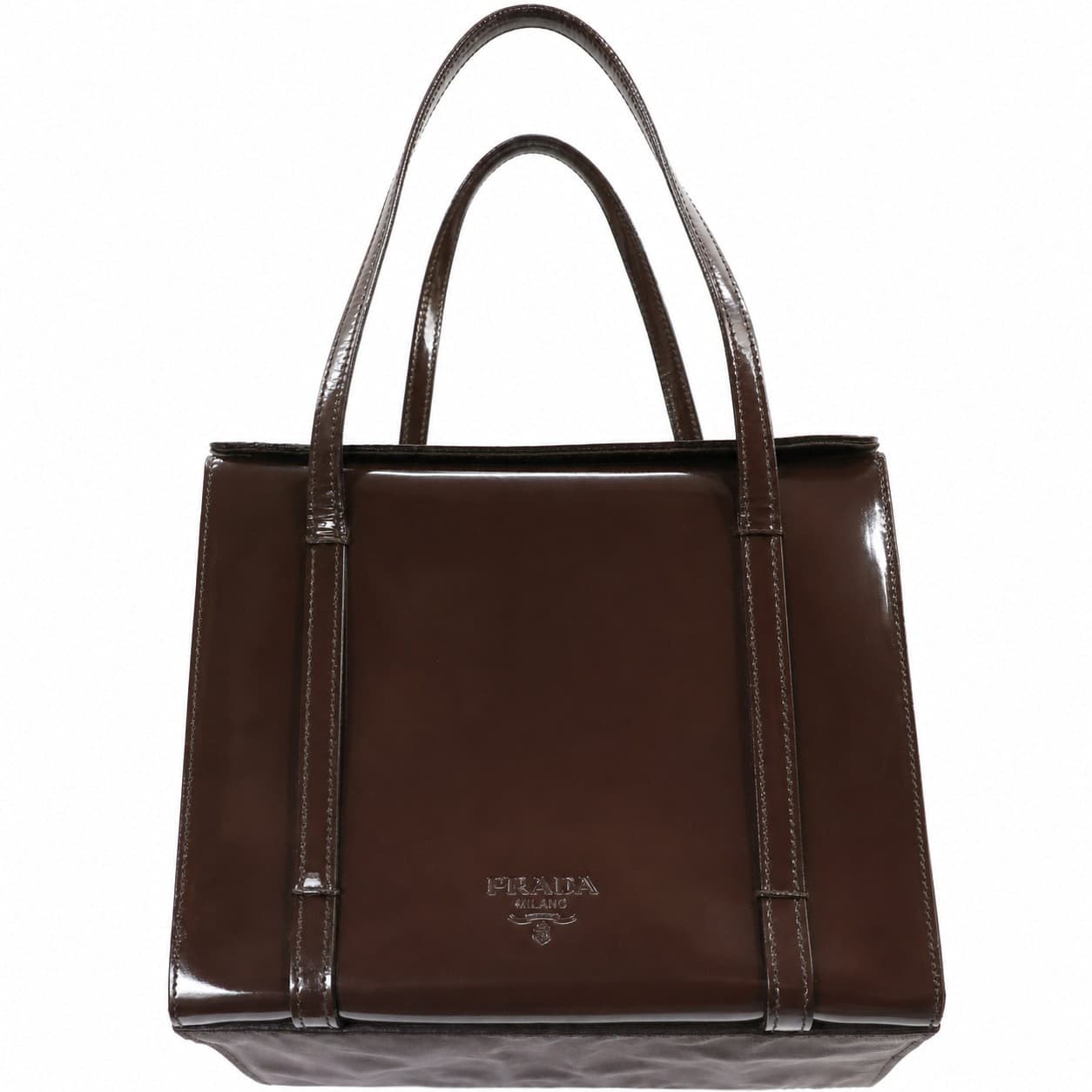 Prada Patent Leather Nylon Brown Top Handle Bag Handbag Purse