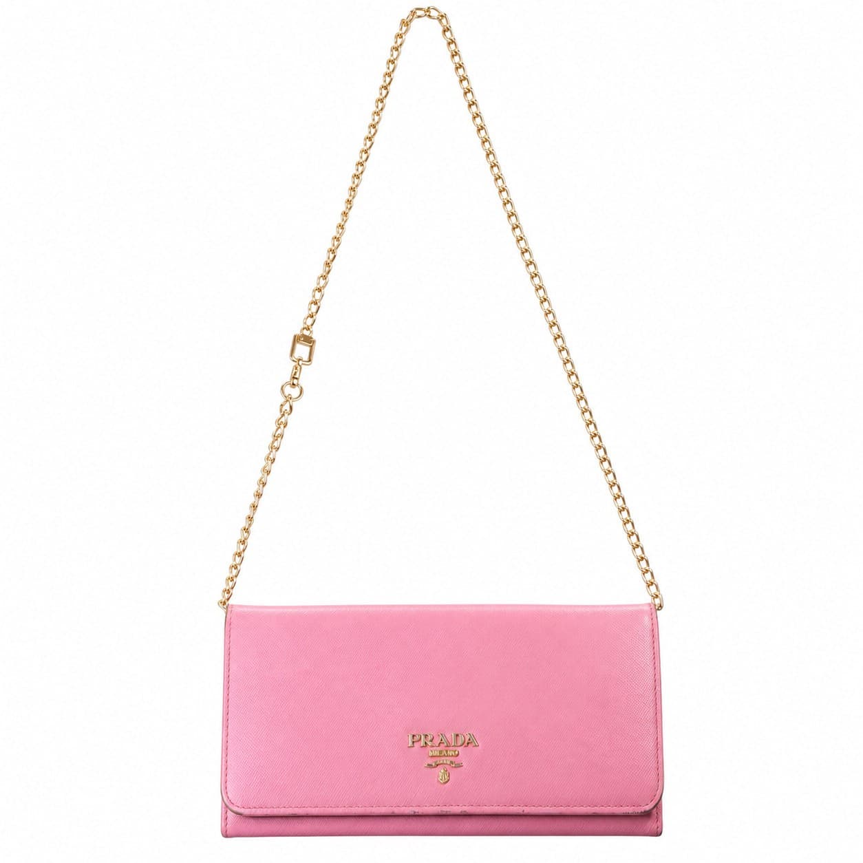 Prada Saffiano Leather Wallet On Chain Crossbody Bag Purse Clutch Pink Gold