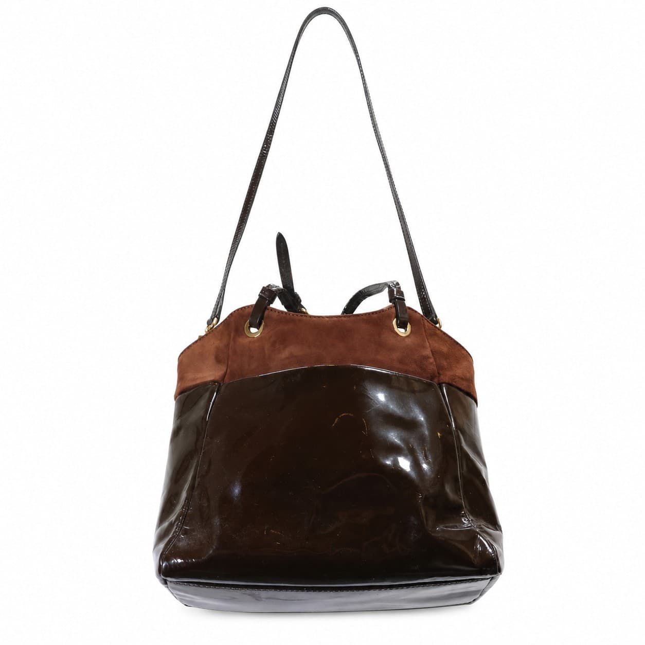 Salvatore Ferragamo Vara Bow Patent Leather Suede Shoulder Bag Handbag Tote Brown