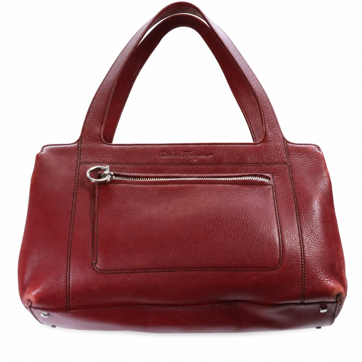 Salvatore Ferragamo Gancini Leather Handbag Purse Bag Satchel Top Handle Red