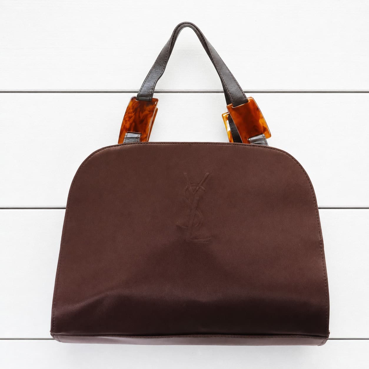Yves Saint Laurent Brown Canvas Top Handle Handbag Bag Tortoise Lucite Handles
