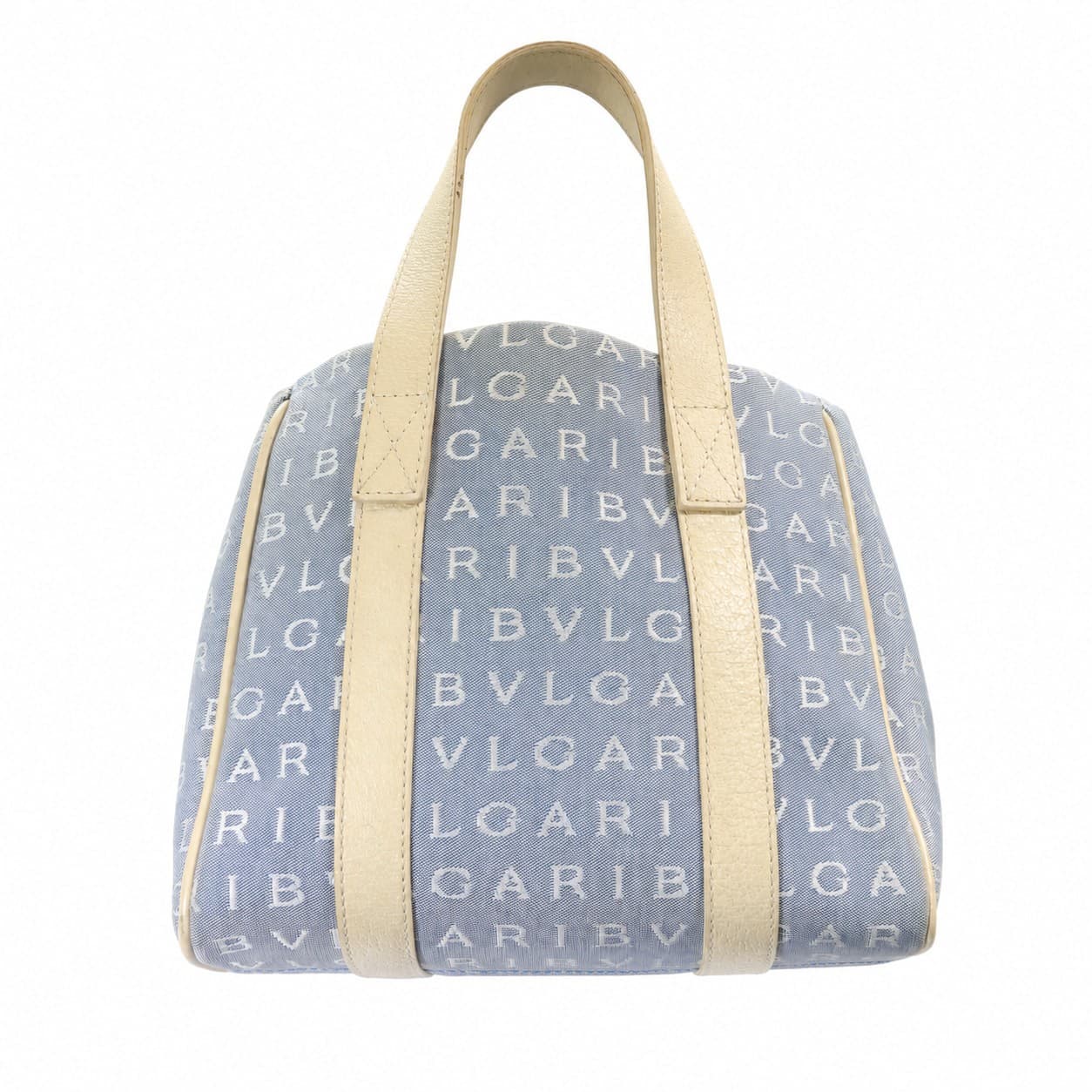 Bvlgari Logomania Canvas Leather Handbag Purse Bag Top Handle Blue Beige