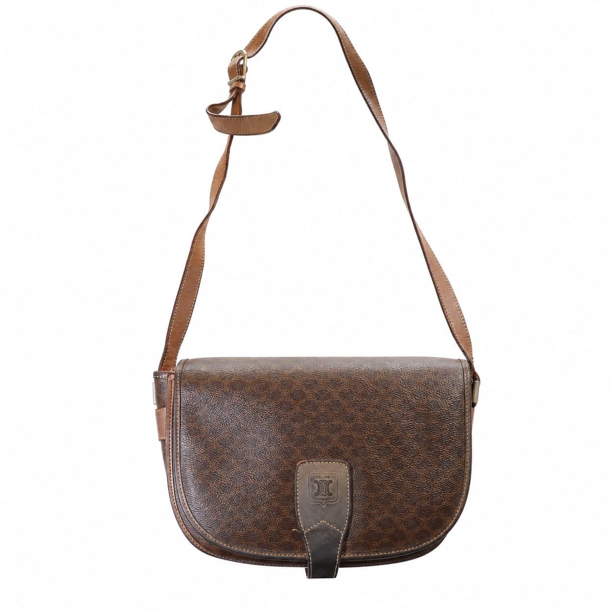 Celine Macadam Coated Canvas Leather Brown Saddle Bag Crossbody Shoulder Bag