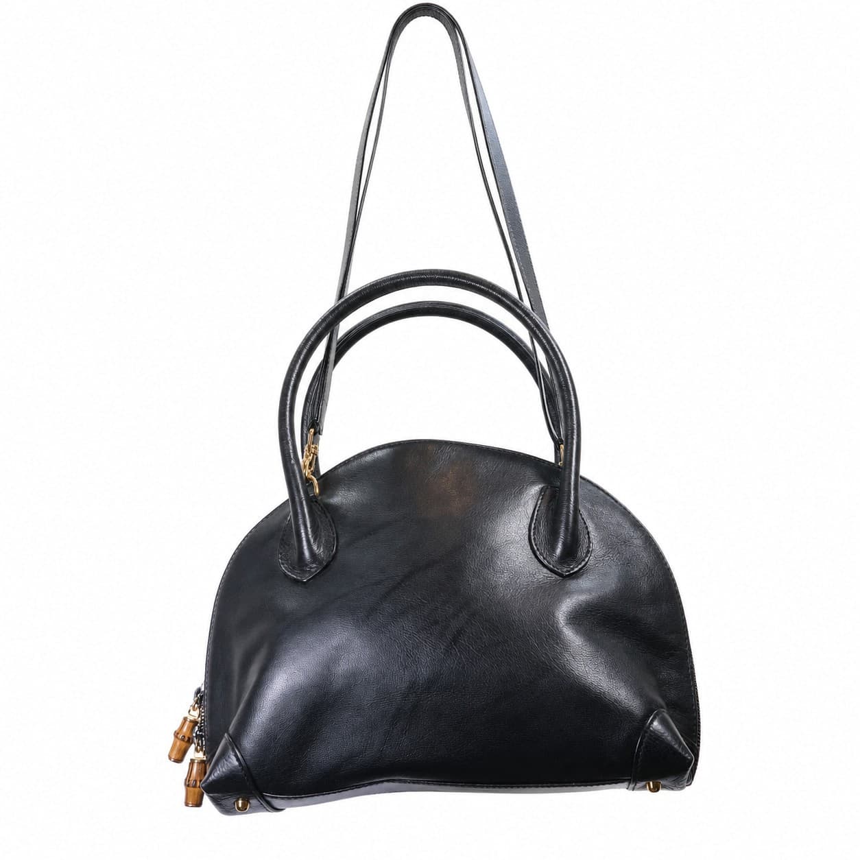 Gucci Black Leather Bamboo Dome Satchel Shoulder Bag Handbag Purse