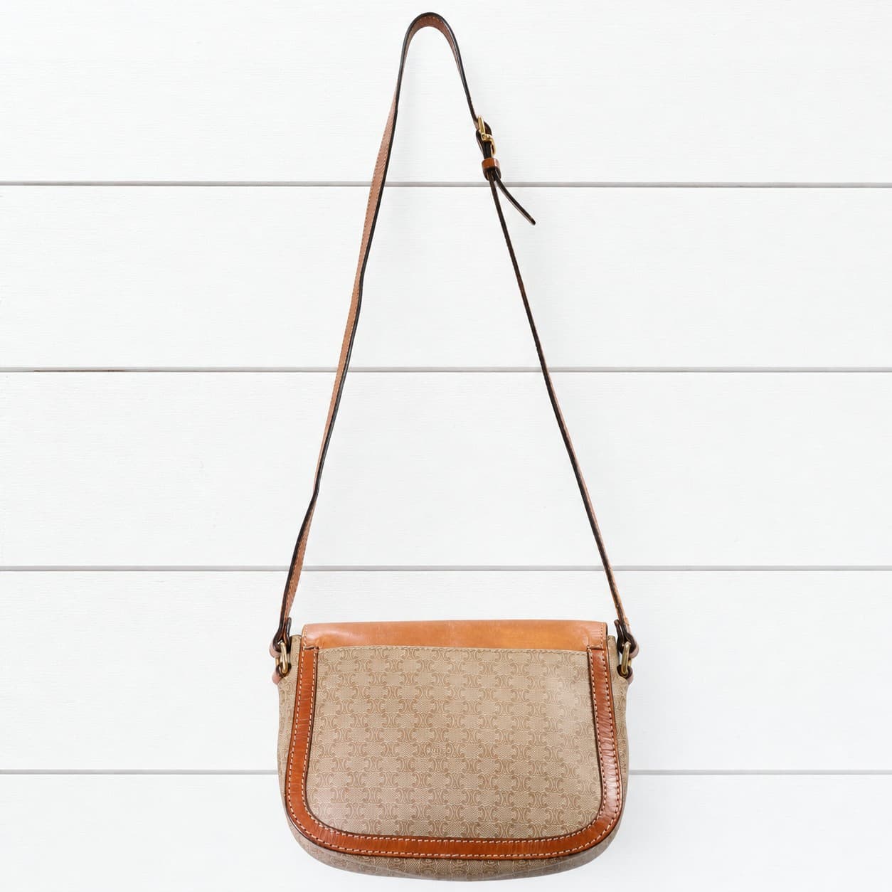 Céline Macadam Monogram Canvas Leather Crossbody Shoulder Bag Beige Brown