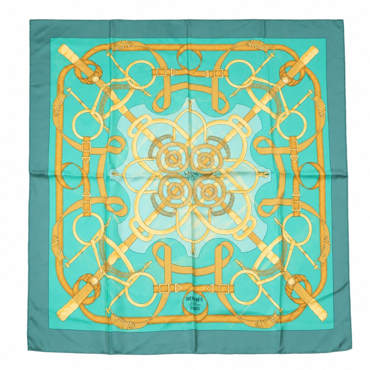 Hermès Eperon D'Or Silk Scarf Turquoise Gold Equestrian Design 90cm Carré